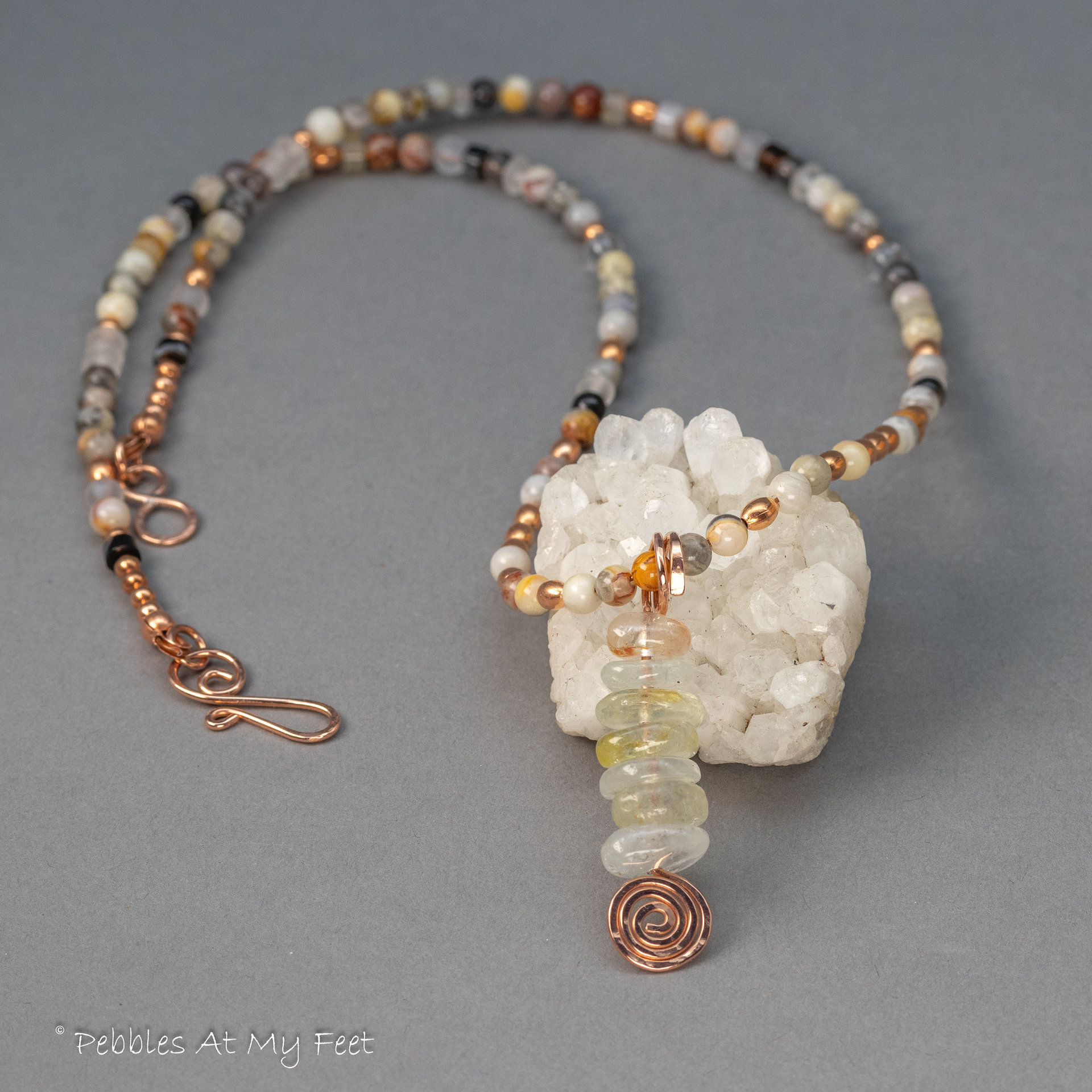 Topaz Pendant on Beaded Necklace with Agate, Quartz, Obsidian, and Copper
