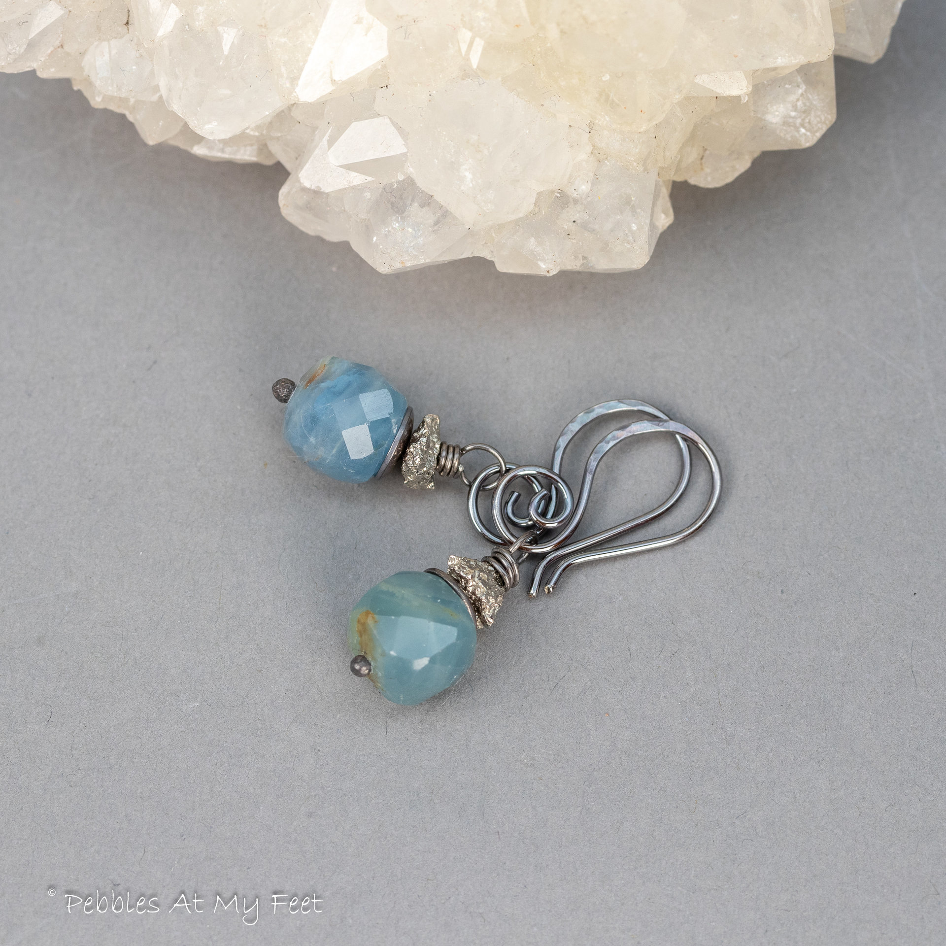 Blue Calcite Beaded Drop Earrings with Pyrite Druzy Chips