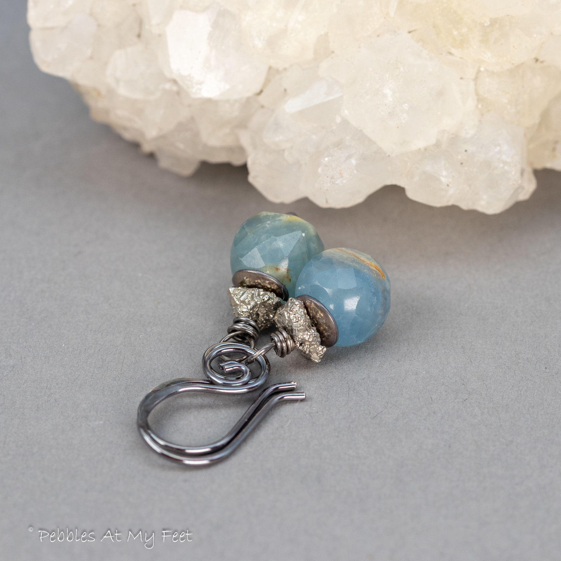 Blue Calcite Beaded Drop Earrings with Pyrite Druzy Chips
