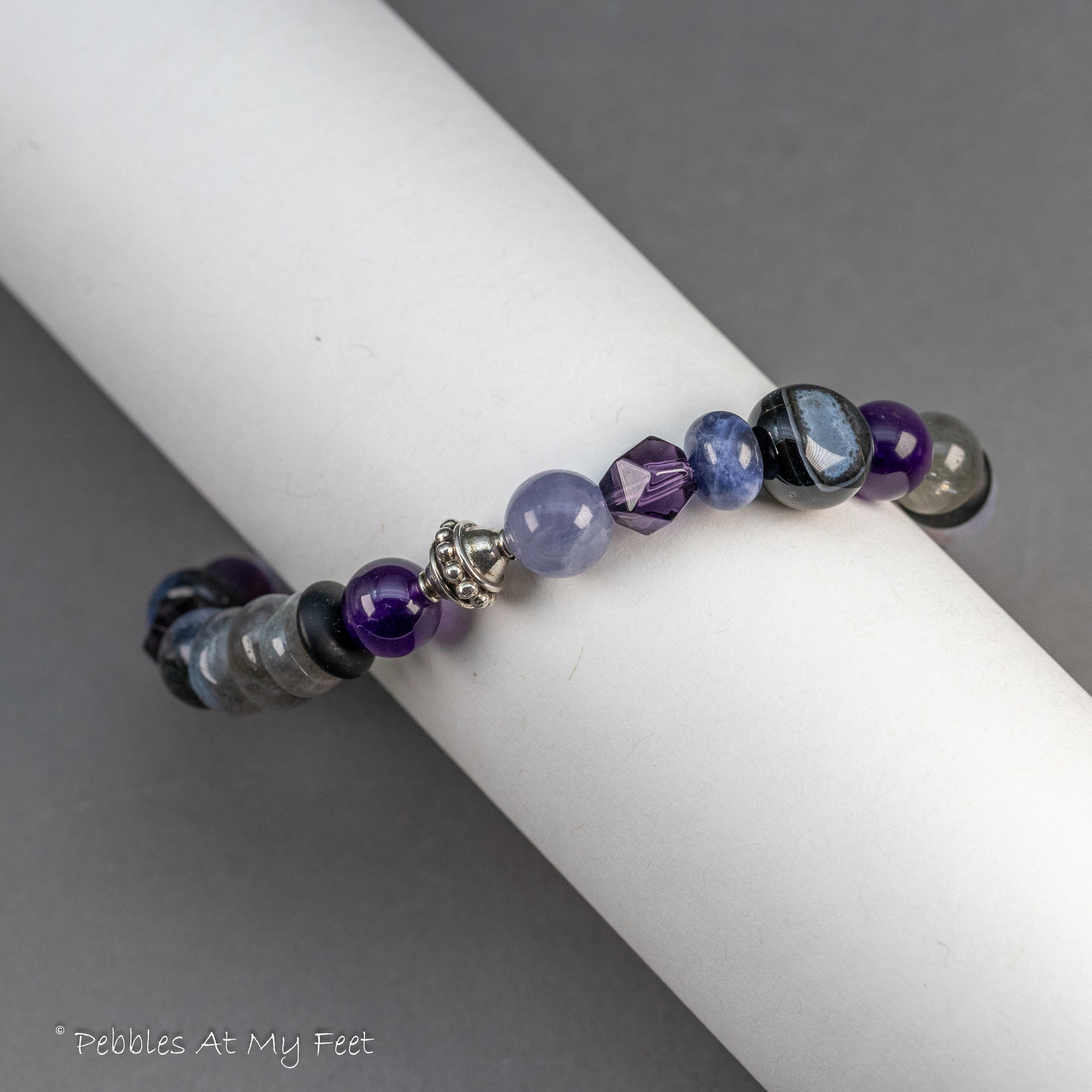 Purple Blue and Black Gemstone Stretch Bracelet for Women