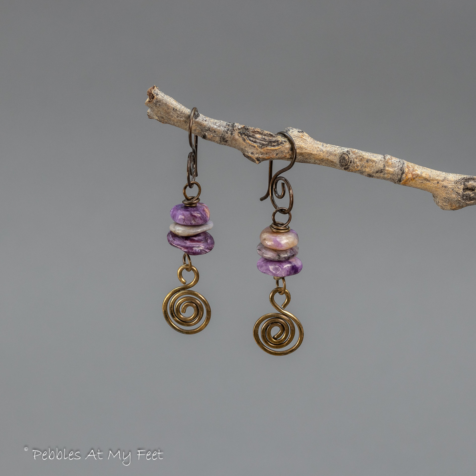 Brass Spiral Dangle Earrings With Purple Charoite Stones