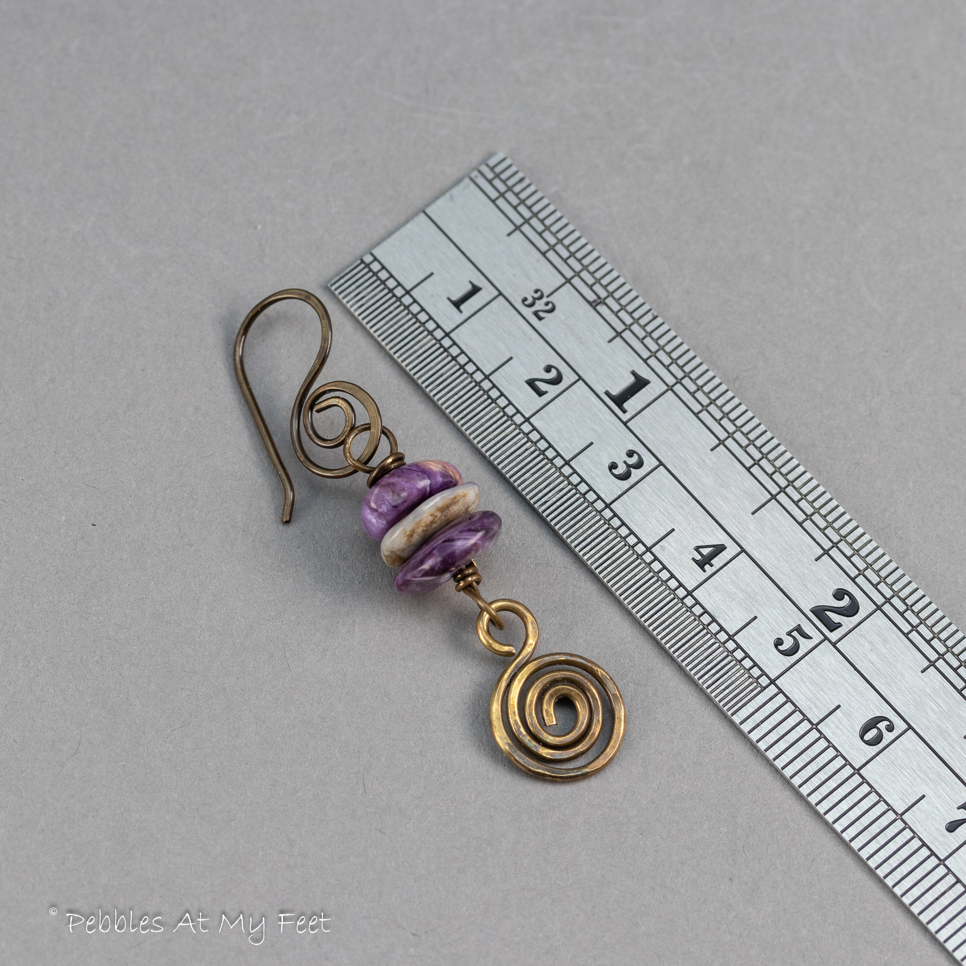 Brass Spiral Dangle Earrings With Purple Charoite Stones