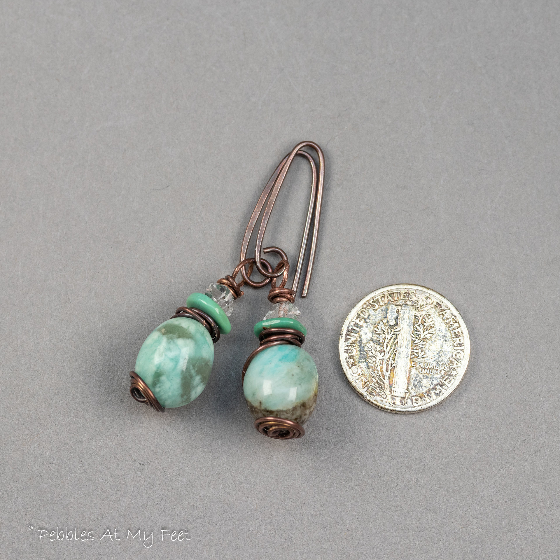 Amazonite, Turquoise, and Herkimer Diamond Earrings Made in Copper