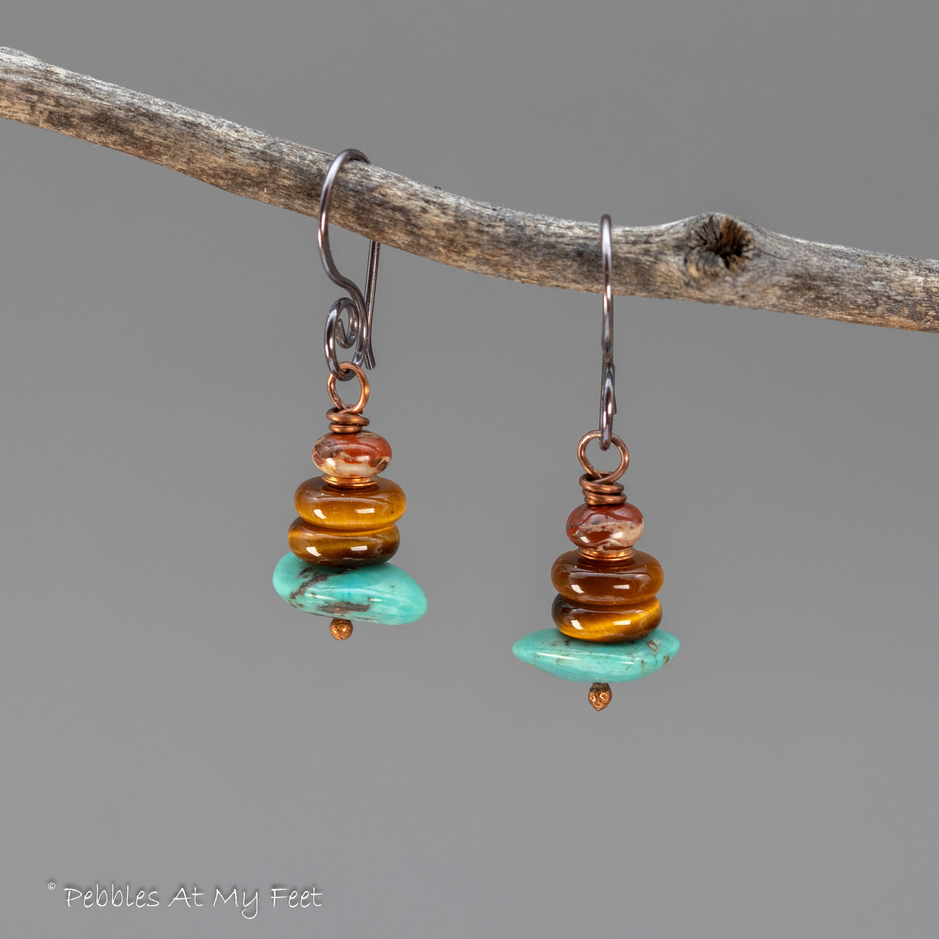 Stacked Stones Earrings with Genuine Turquoise Tiger's Eye and Jasper