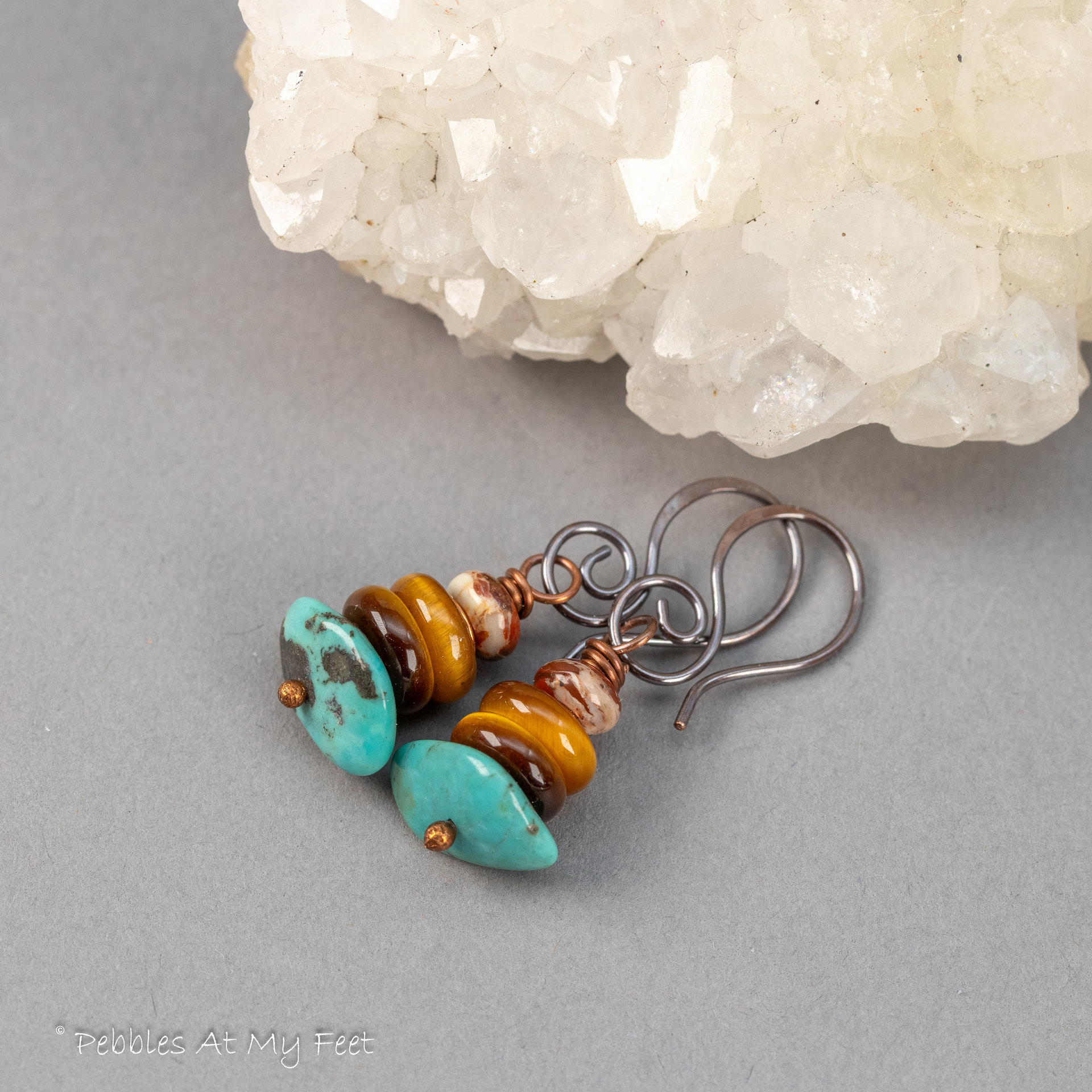 Stacked Stones Earrings with Genuine Turquoise Tiger's Eye and Jasper