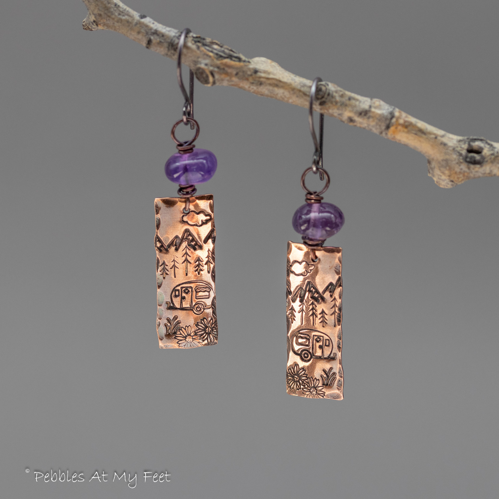 Camping Nature Scene Stamped Copper Charm Earrings