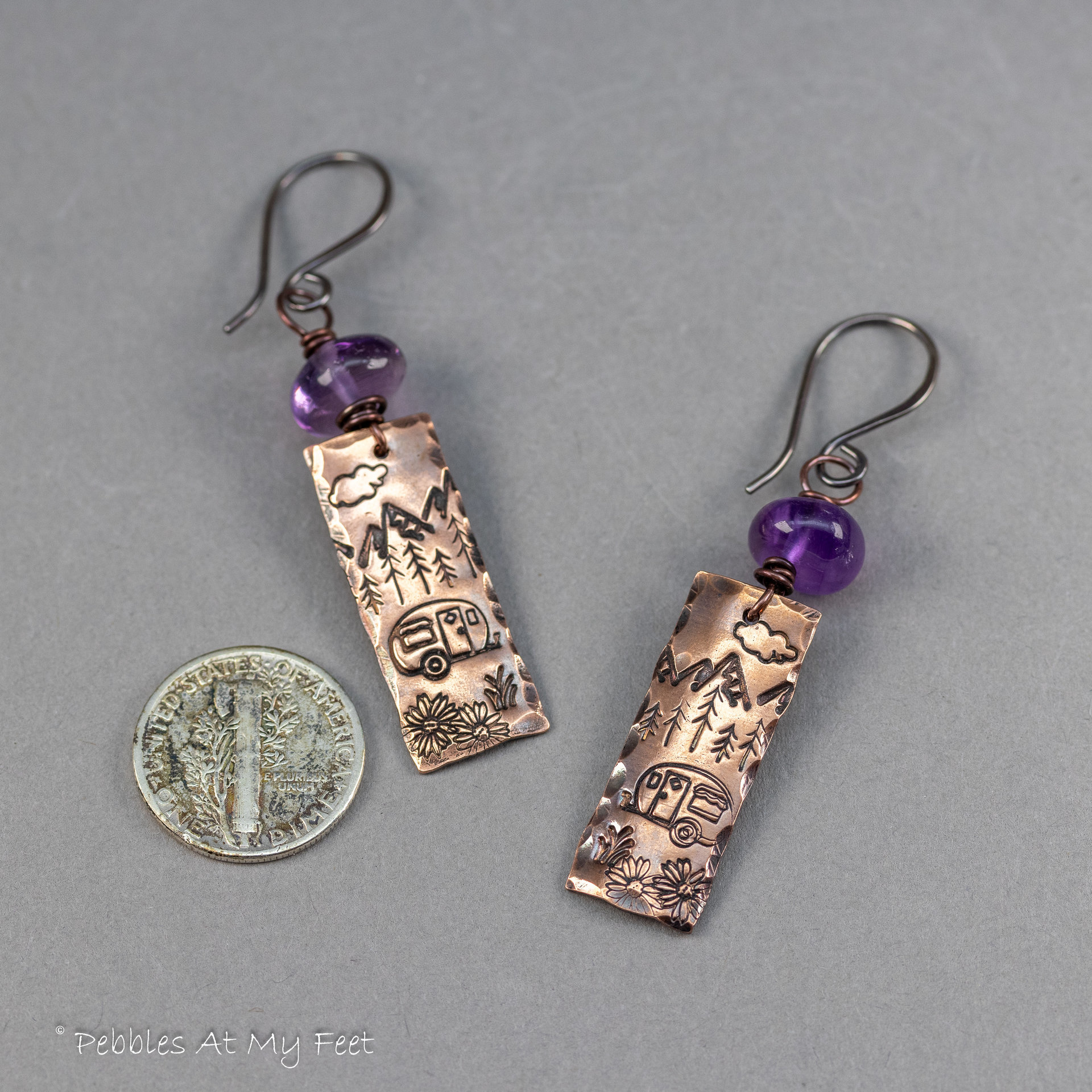 Camping Nature Scene Stamped Copper Charm Earrings