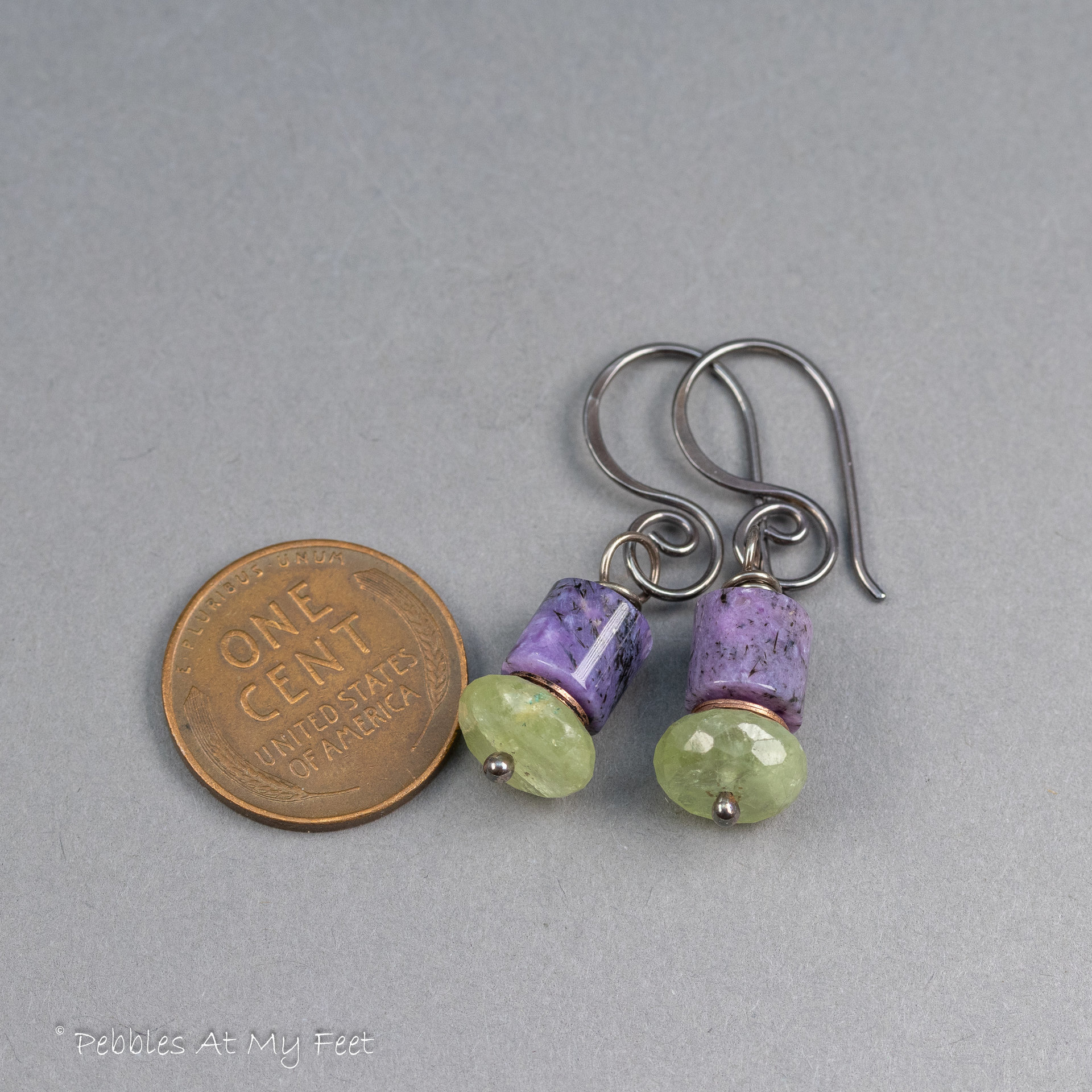 Charoite and Green Garnet Beaded Drop Earrings in Sterling Silver