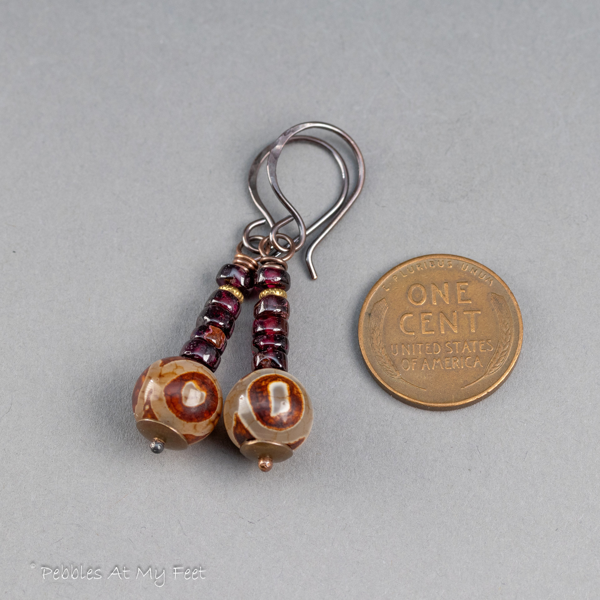Red Garnet and Dzi Agate Earrings Handmade in Copper