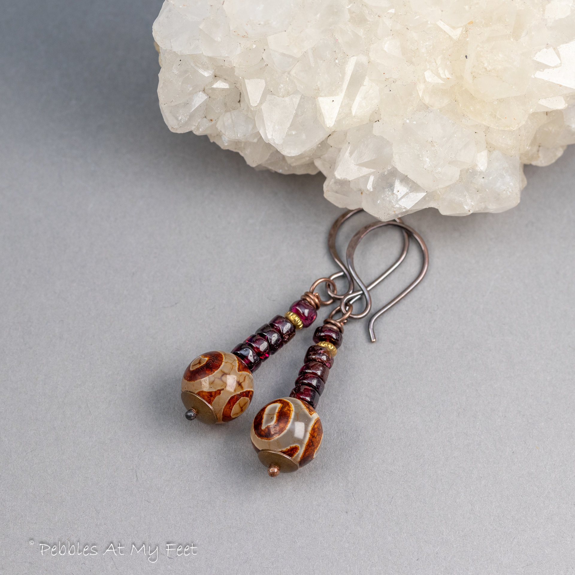 Red Garnet and Dzi Agate Earrings Handmade in Copper