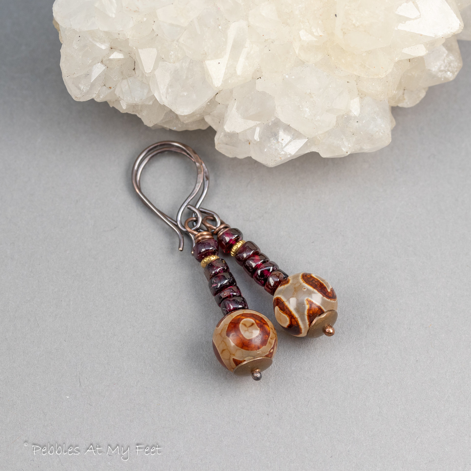 Red Garnet and Dzi Agate Earrings Handmade in Copper