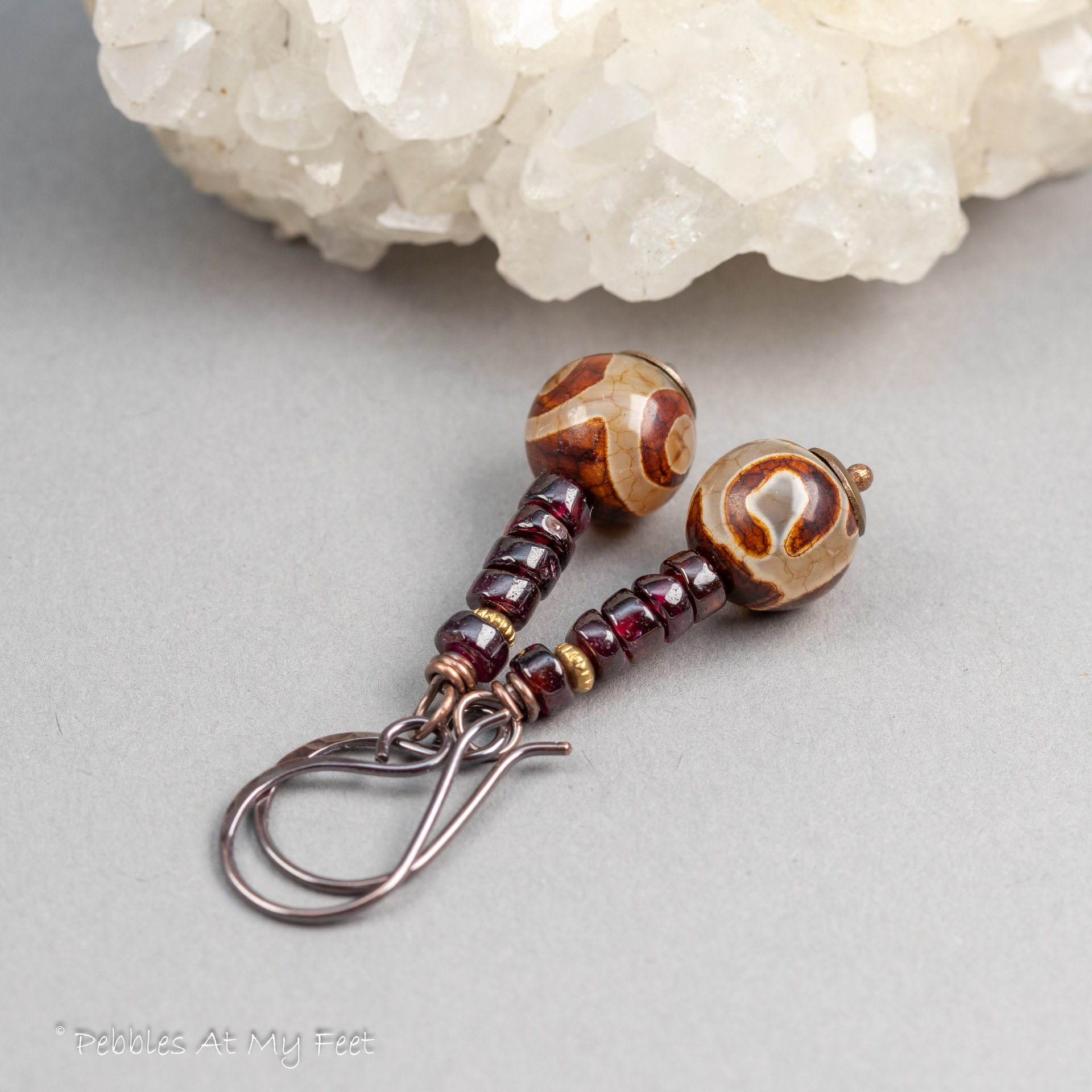 Red Garnet and Dzi Agate Earrings Handmade in Copper