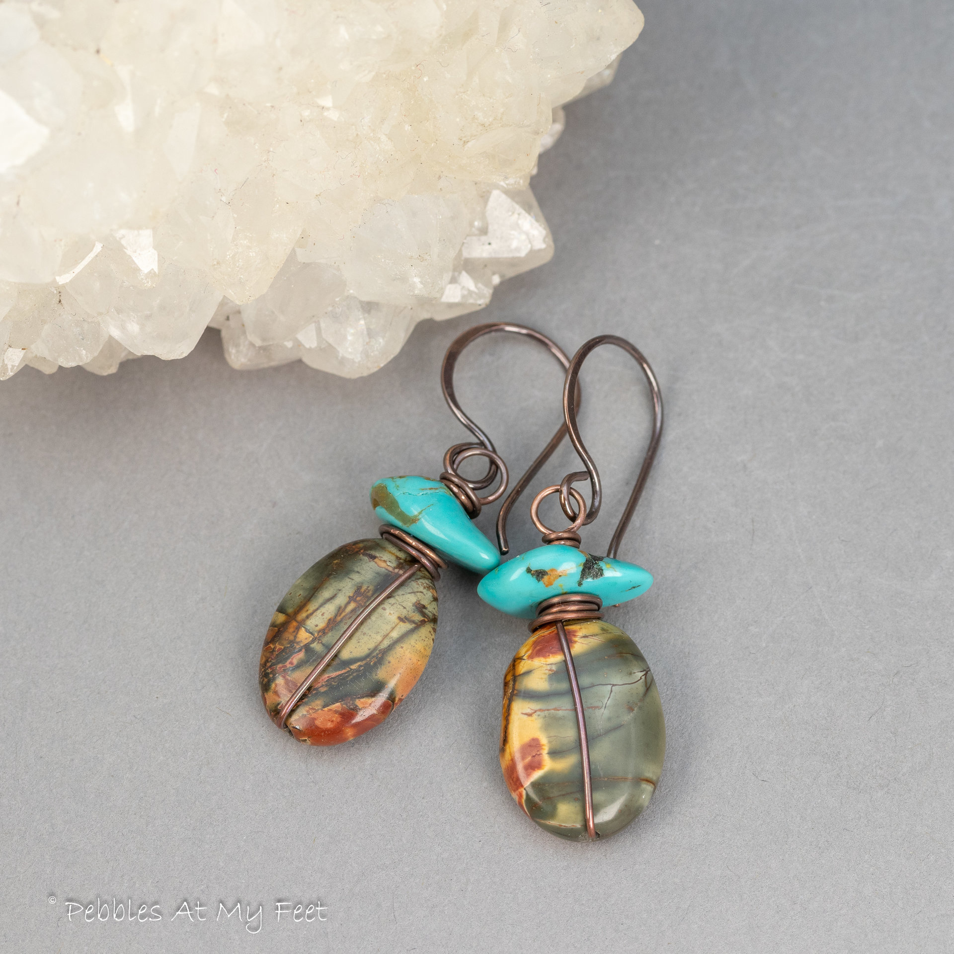 Copper Wired Earrings with Turquoise and Red Creek Jasper Stones