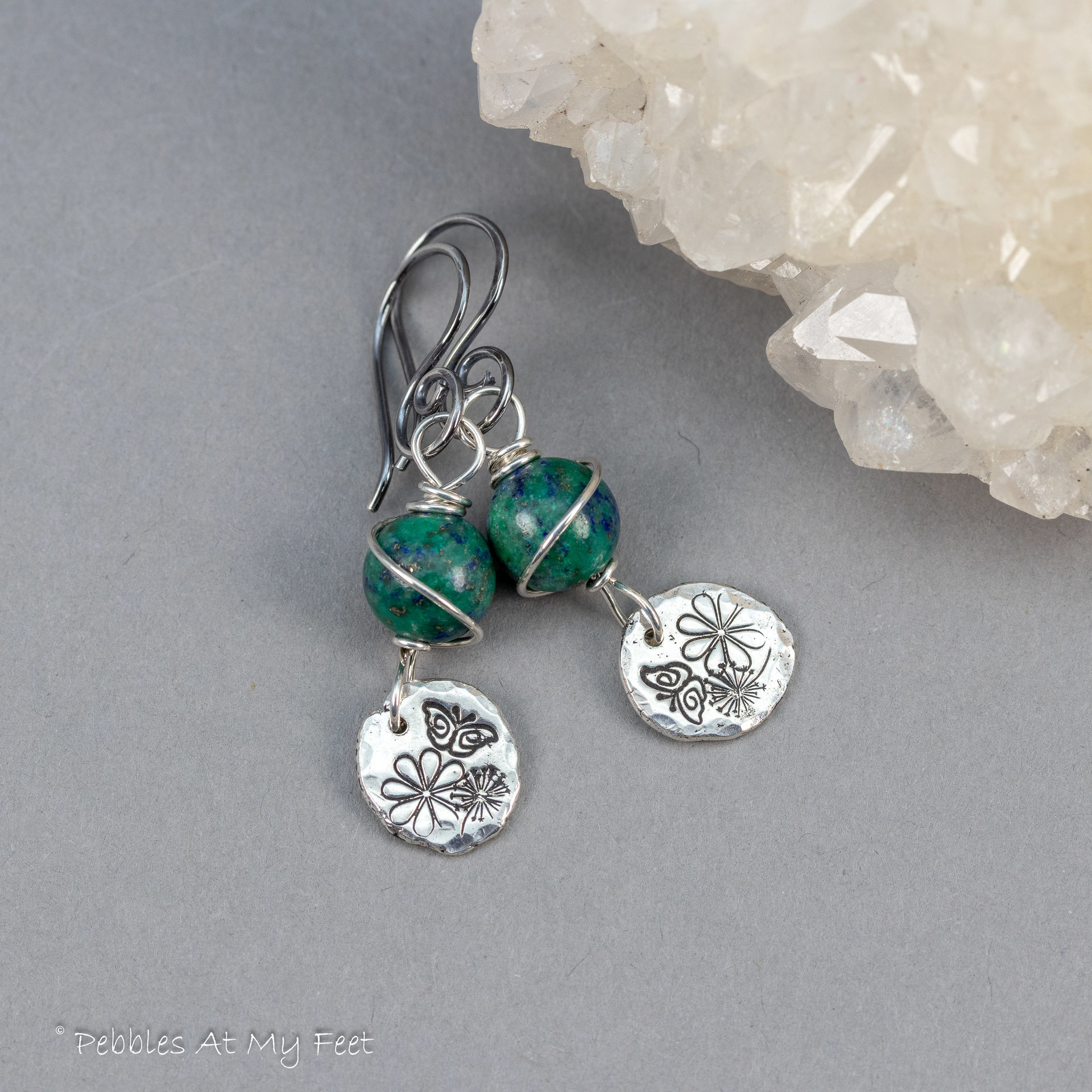 Sterling Silver Azurite Malachite Earrings with Handmade Reclaimed Silver Charms