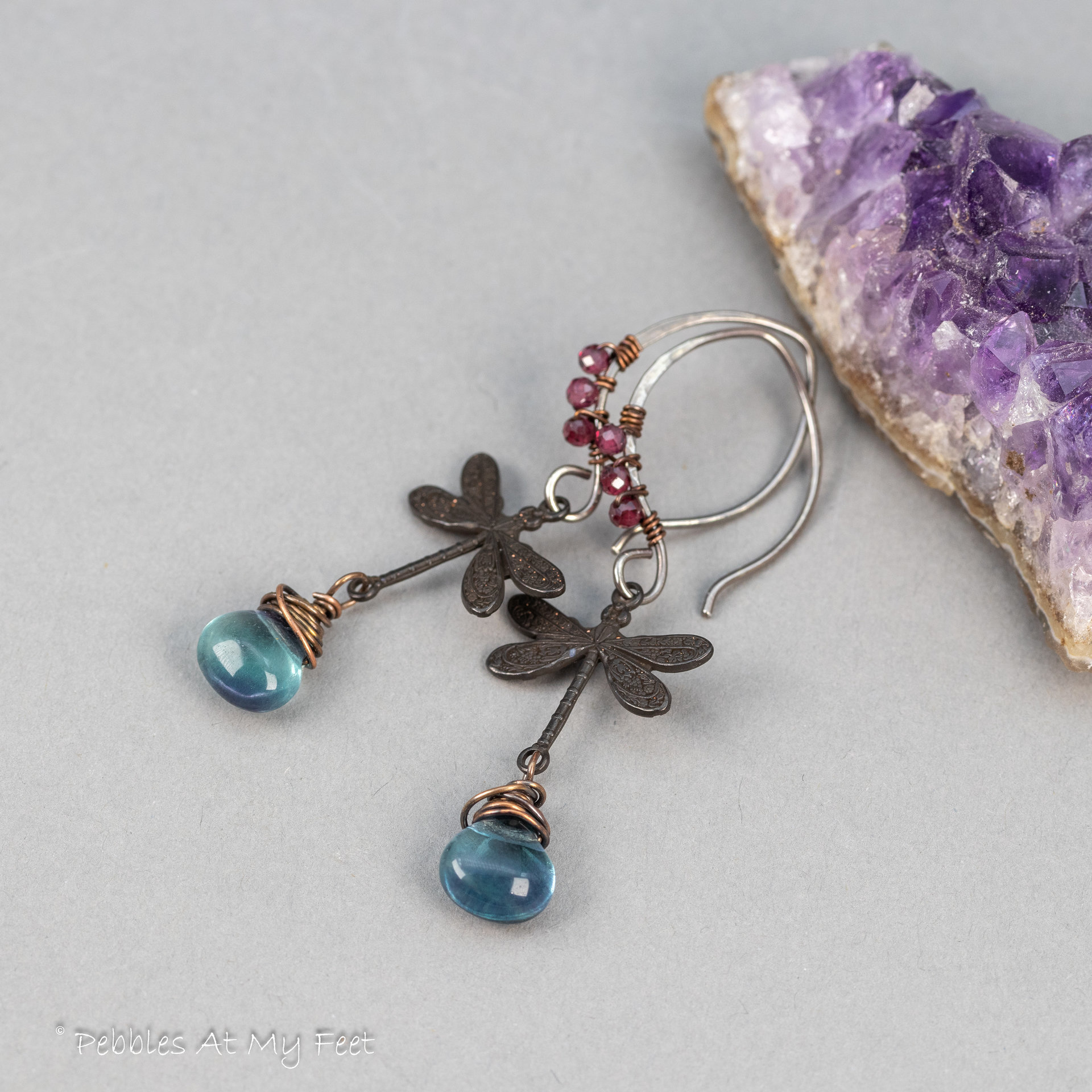 Mixed Metal Dragonfly Earrings with Garnet and Fluorite Gemstones