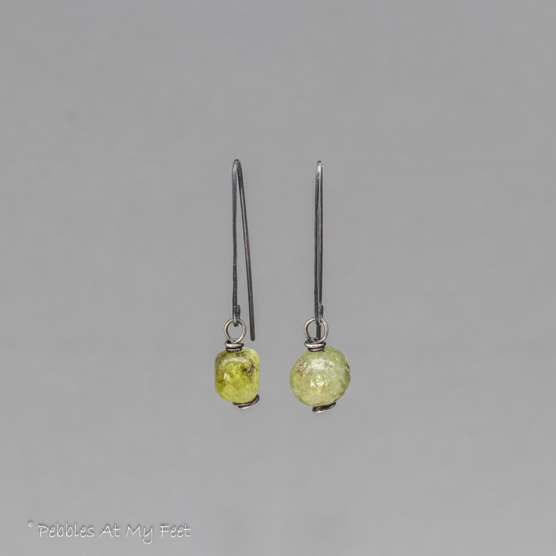 Rustic Green Garnet Pebble Earrings in Sterling Silver