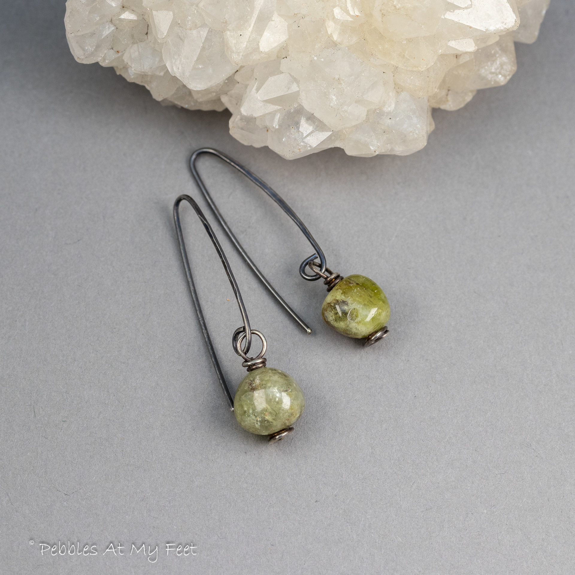 Rustic Green Garnet Pebble Earrings in Sterling Silver