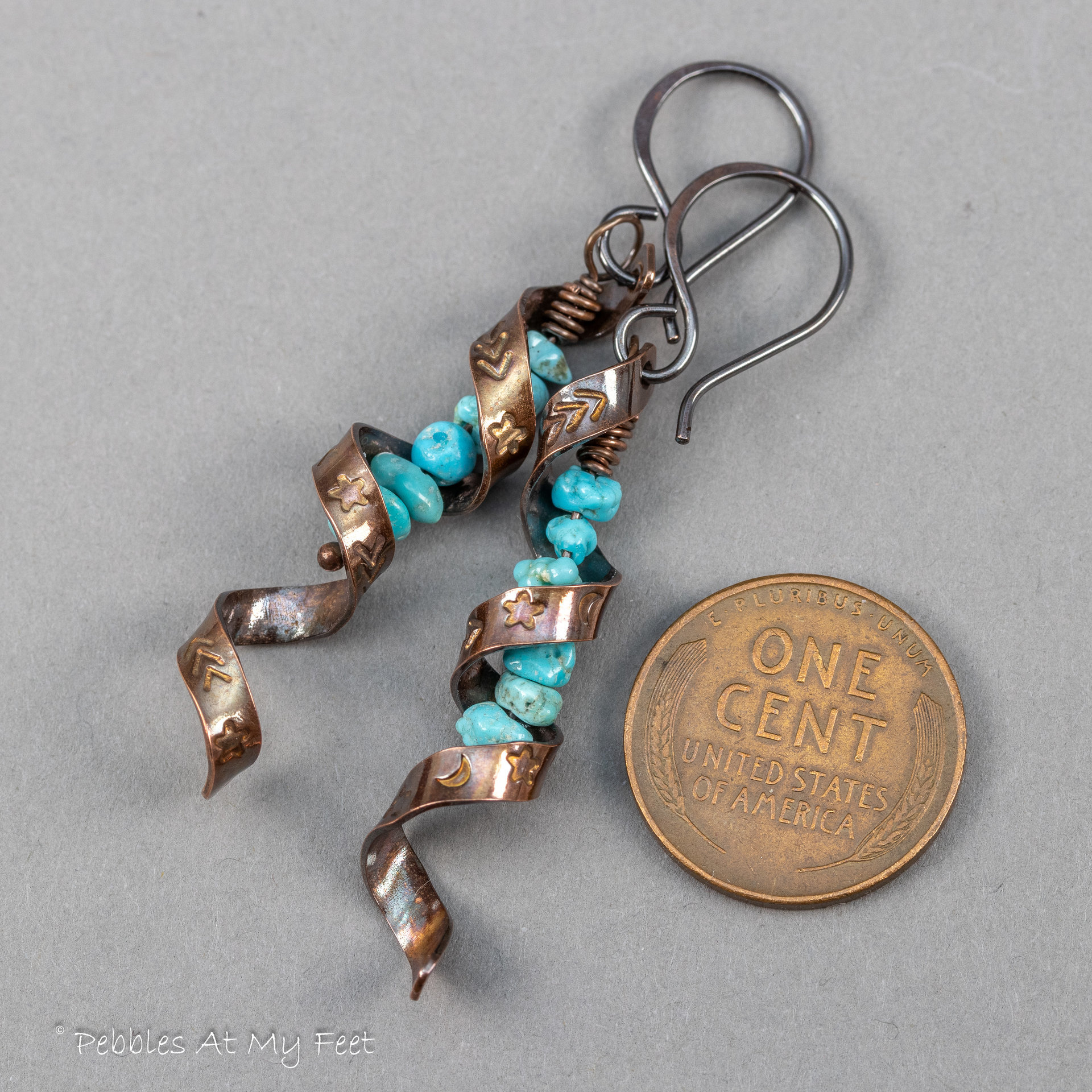 Twisted Copper Ribbon Earrings with Western Star and Moon Design and Turquoise Stones
