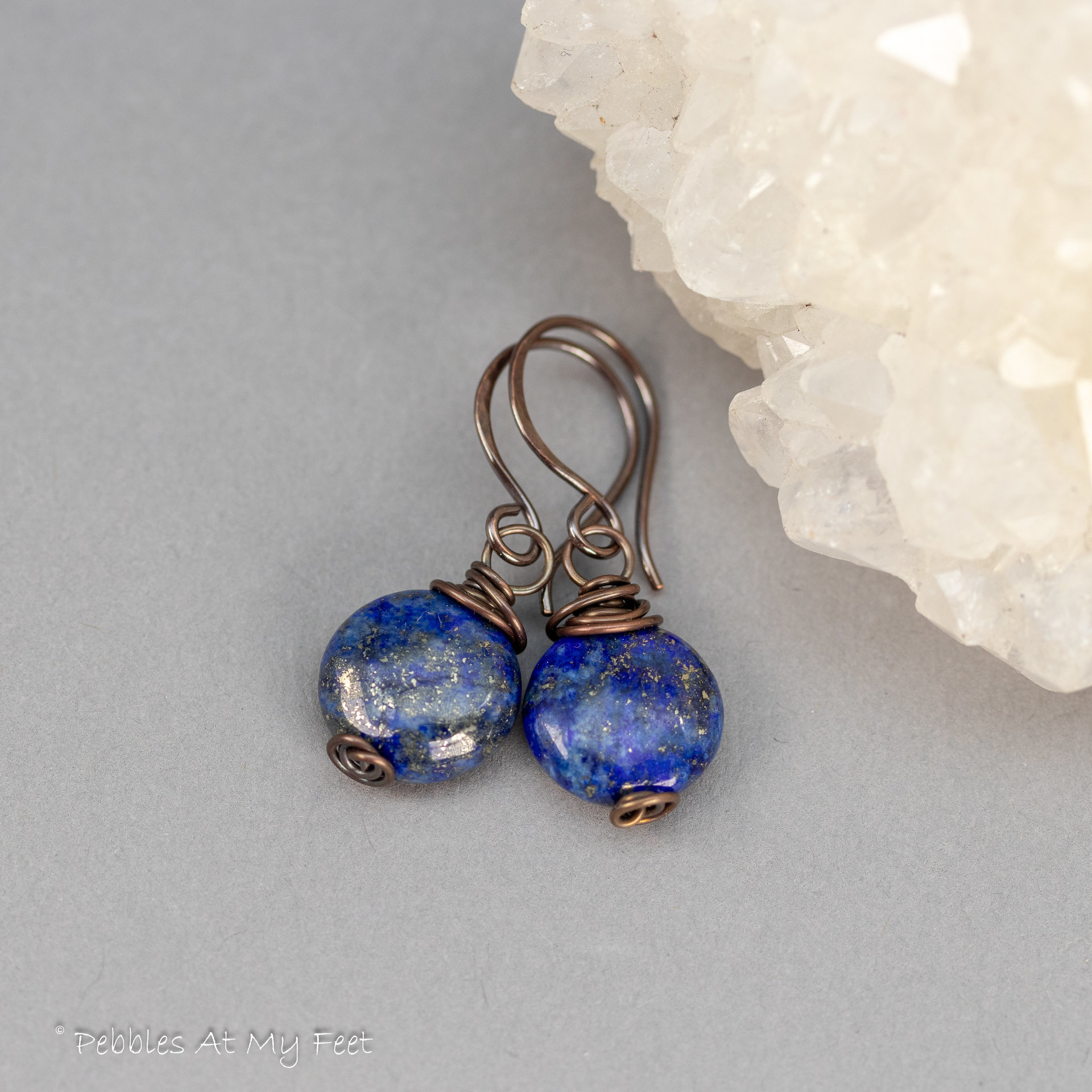Simple Drop Earrings with Lapis Stones in Copper