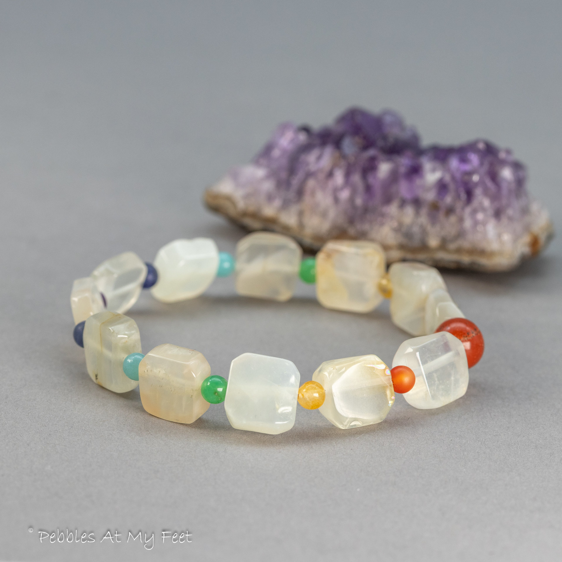 Rustic Moonstone and Rainbow Gemstone Stretch Bracelet