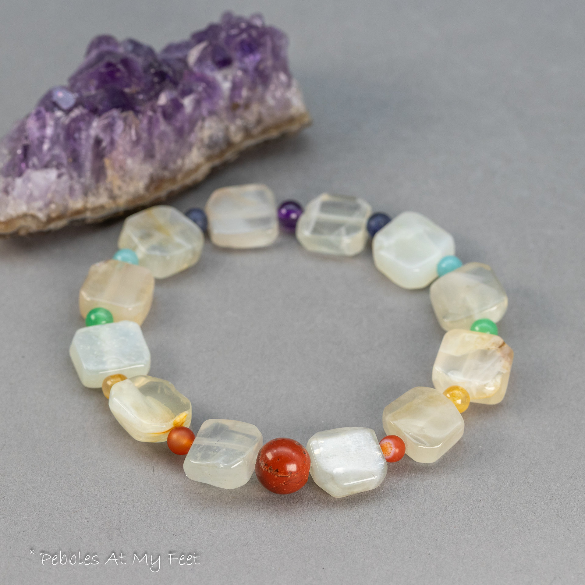 Rustic Moonstone and Rainbow Gemstone Stretch Bracelet