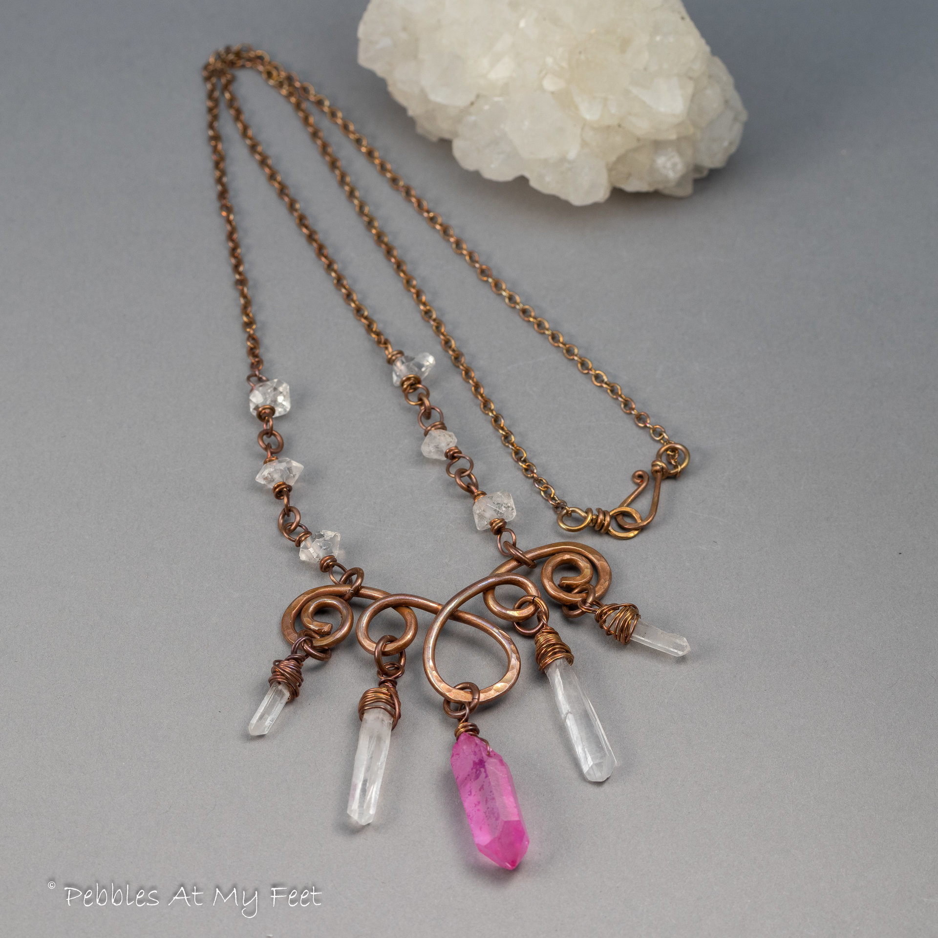 Copper Lavalier Necklace with Quartz Crystal Points
