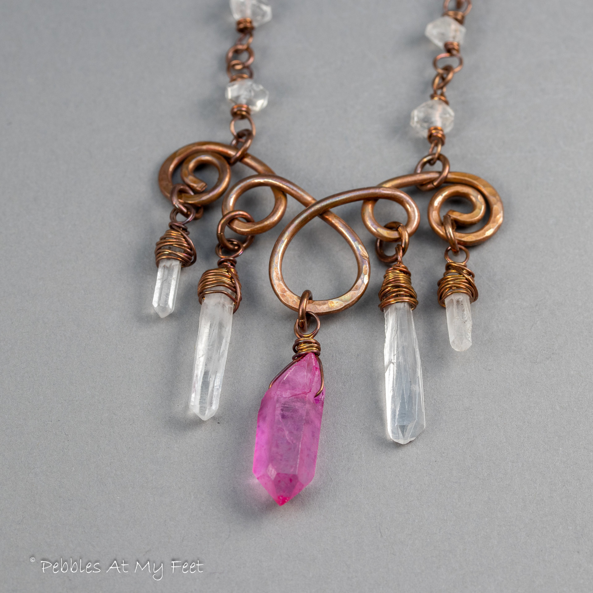 Copper Lavalier Necklace with Quartz Crystal Points