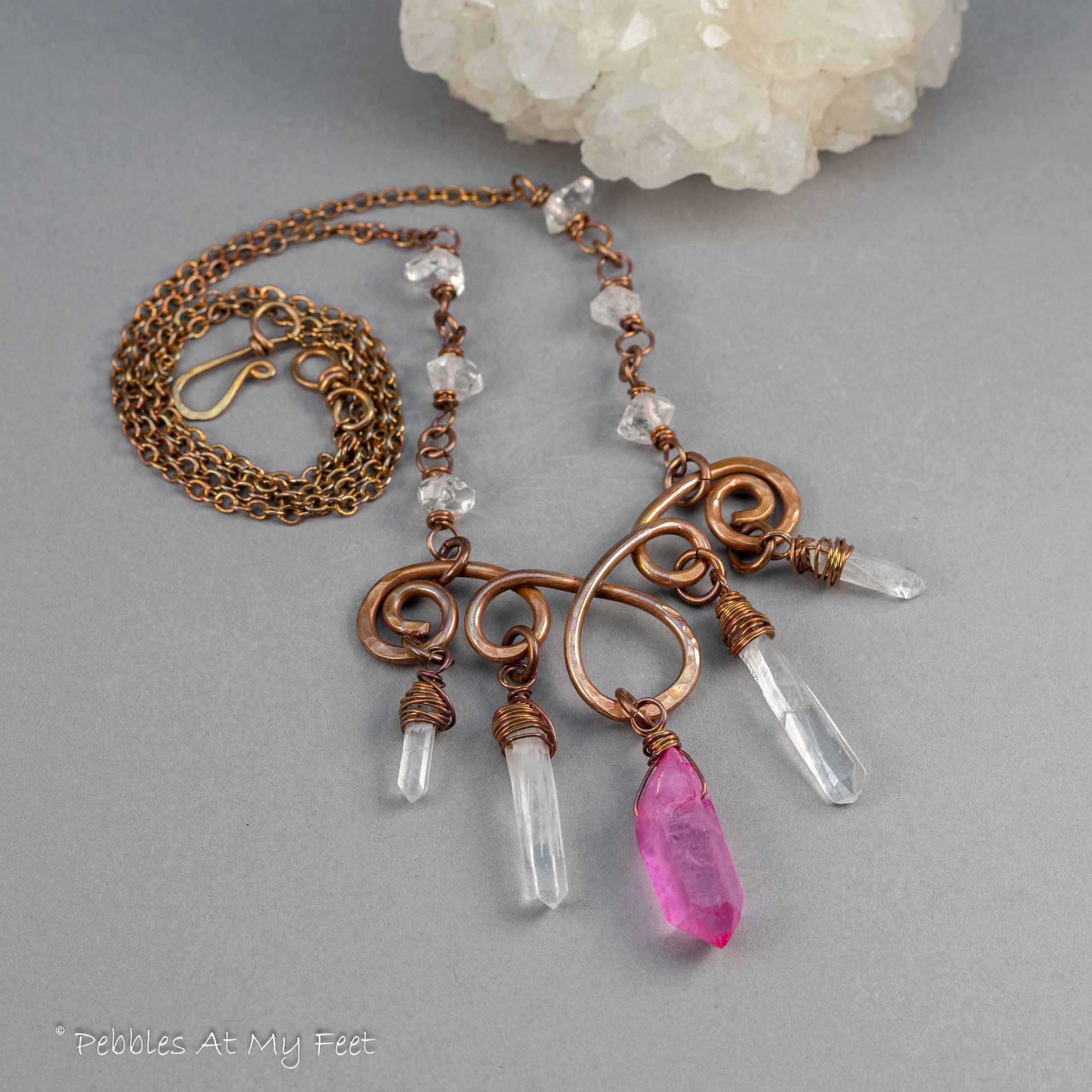 Copper Lavalier Necklace with Quartz Crystal Points