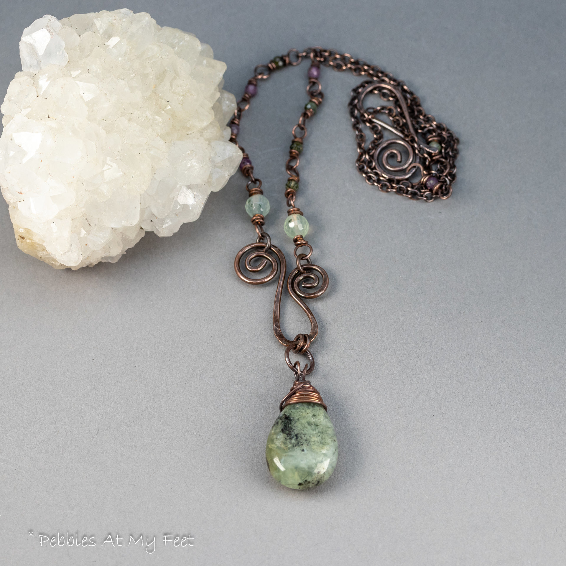 Prehnite Copper Wire Work Necklace in a Rustic Vintage Style