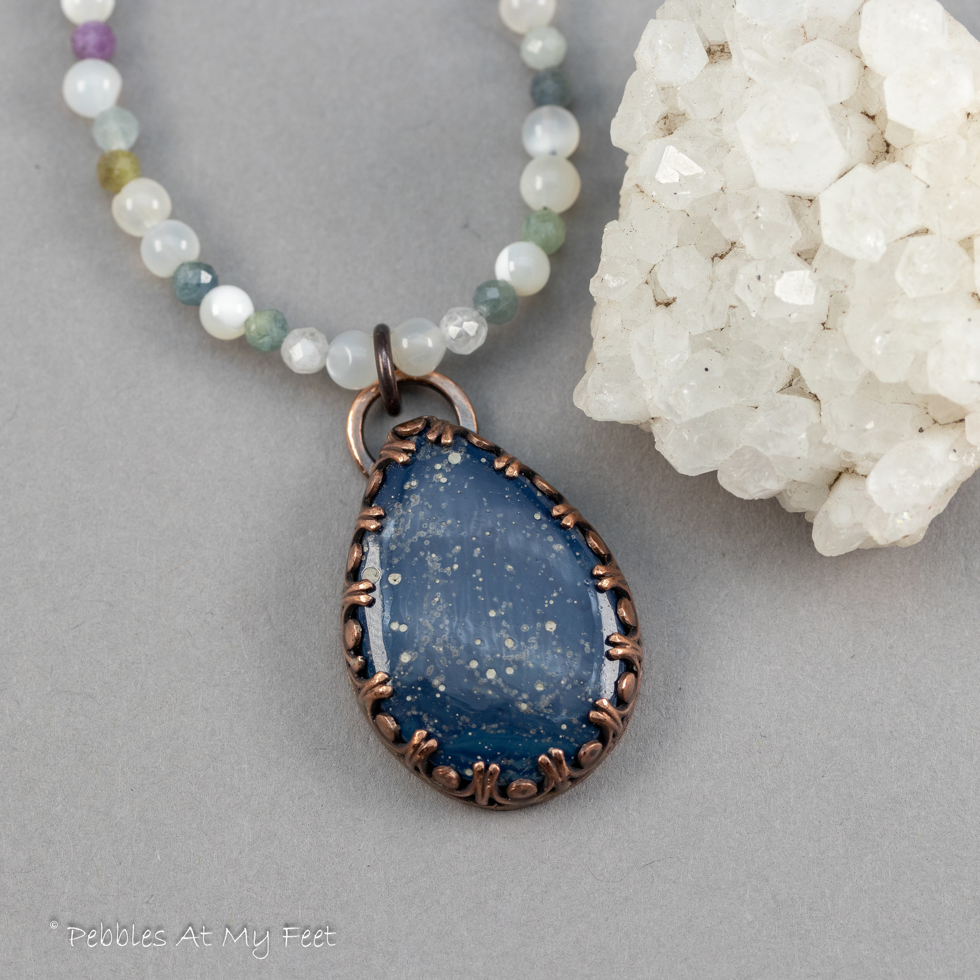 Sapphire Moonstone and Kyanite Beaded Necklace with Copper Set Sieber Agate