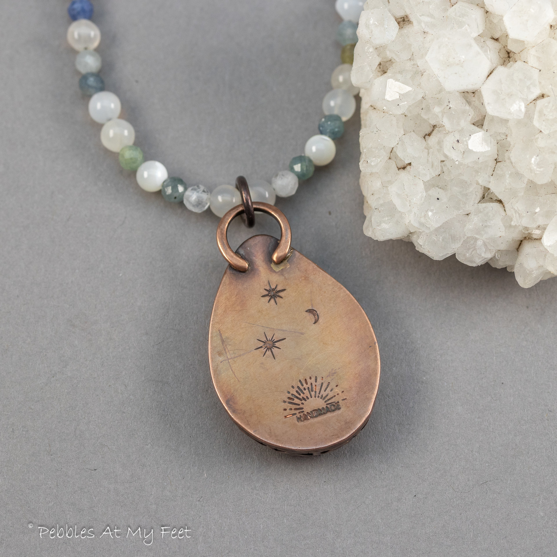 Sapphire Moonstone and Kyanite Beaded Necklace with Copper Set Sieber Agate