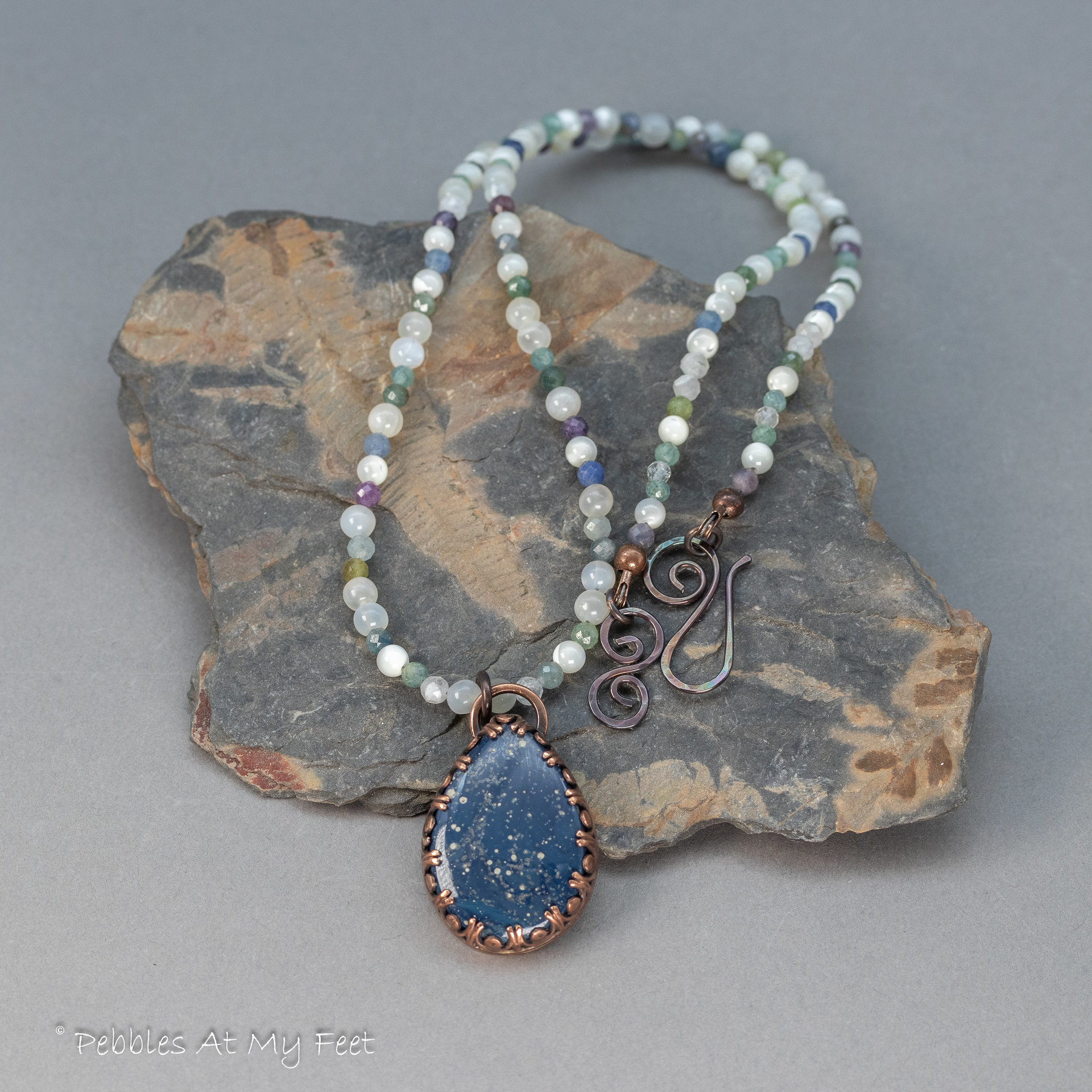 Sapphire Moonstone and Kyanite Beaded Necklace with Copper Set Sieber Agate
