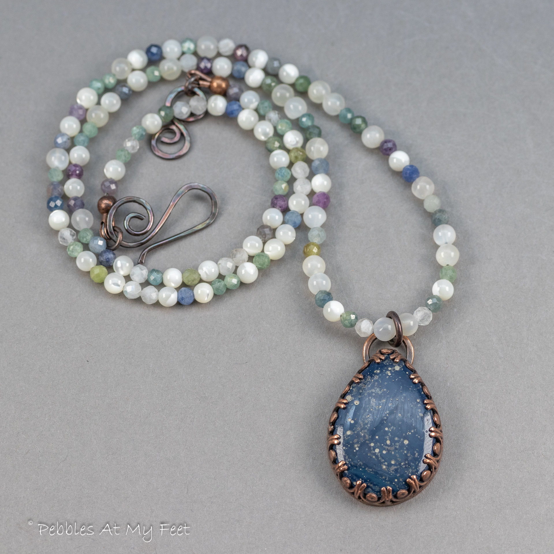 Sapphire Moonstone and Kyanite Beaded Necklace with Copper Set Sieber Agate
