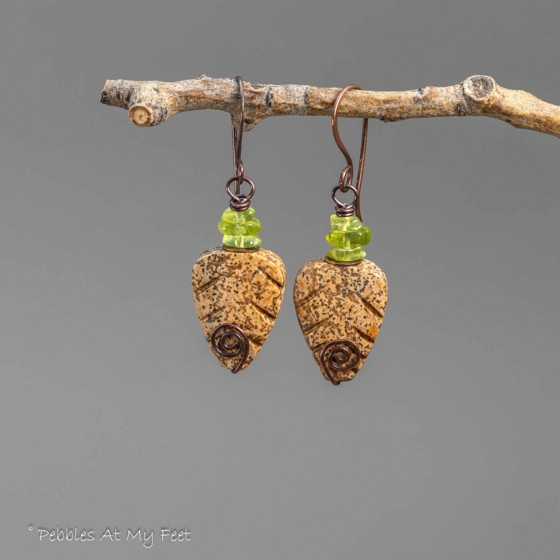 Peridot and Picture Jasper Leaf Earrings 