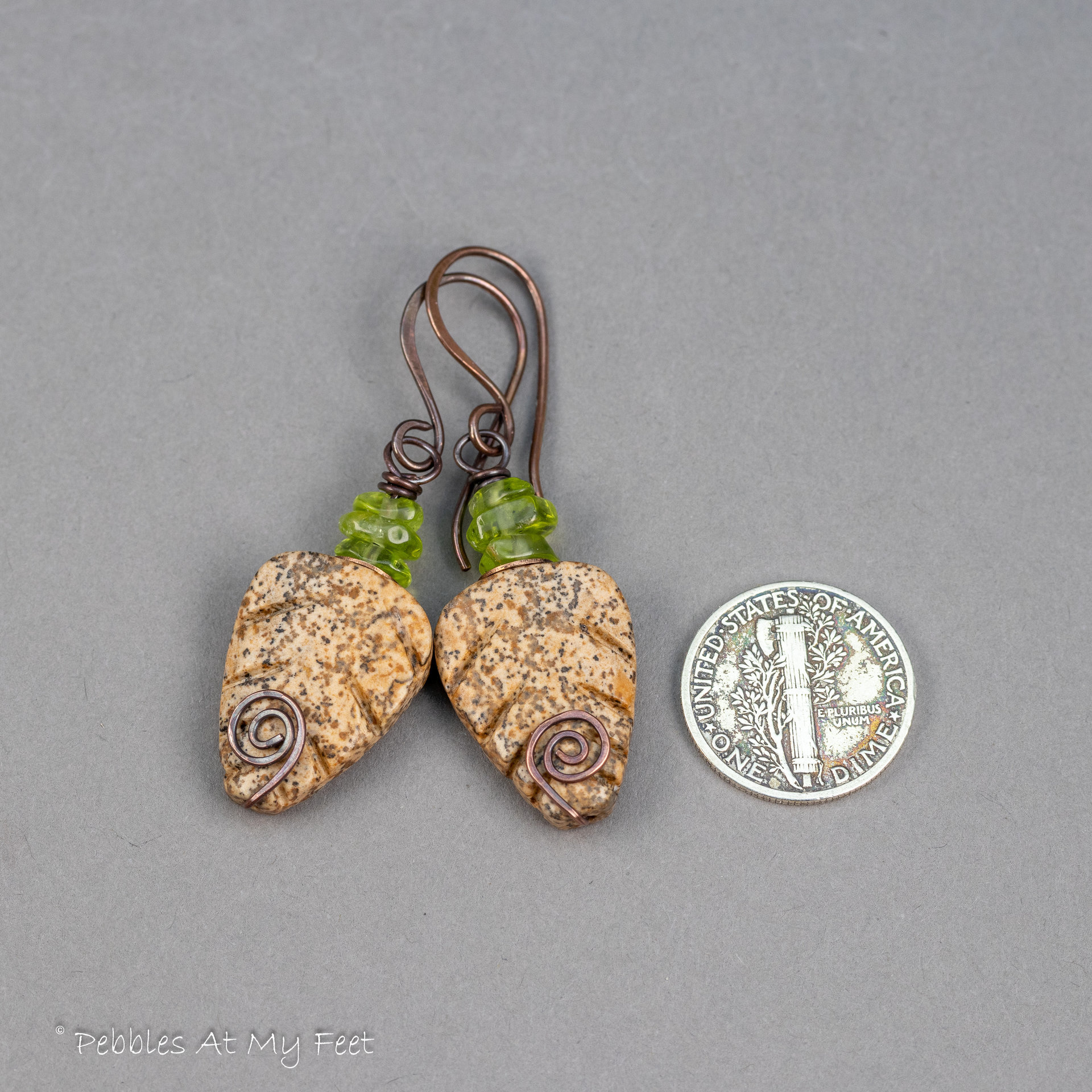 Peridot and Picture Jasper Leaf Earrings 