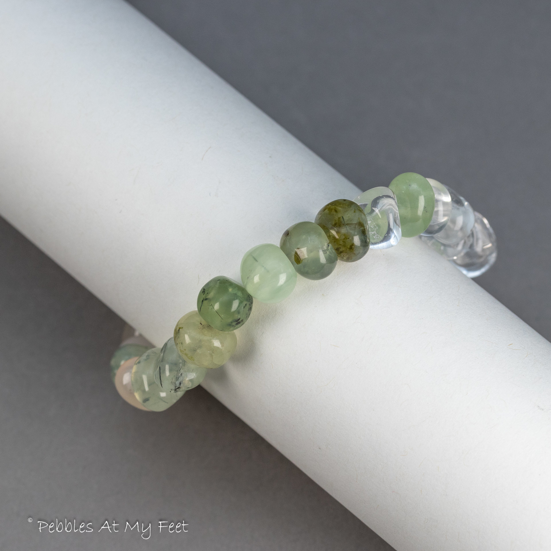 Pebble Bracelet in Soft Colors with Prehnite, Flower Agate, and Crystal Quartz