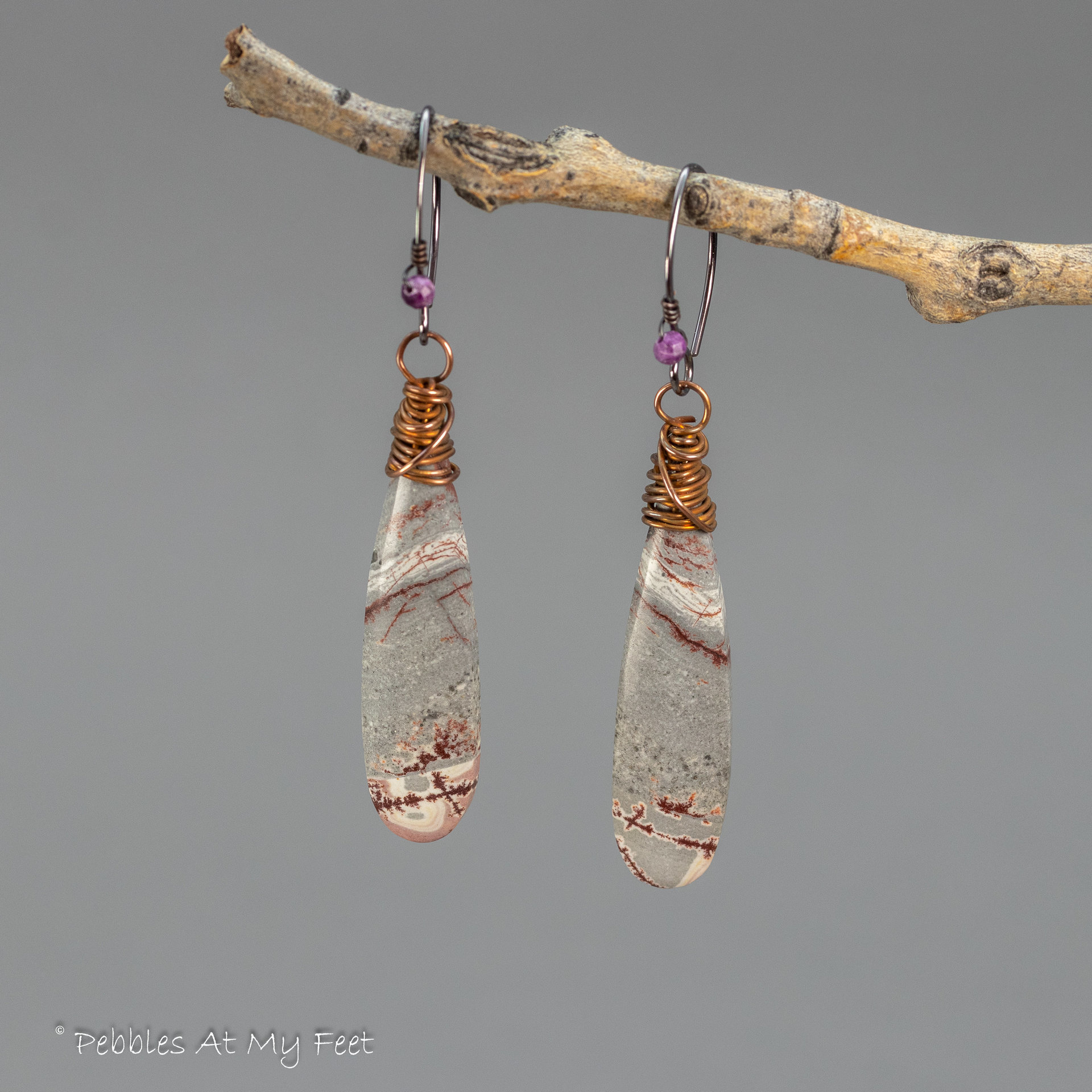 Gray Stone Teardrop Earrings Handmade in Copper