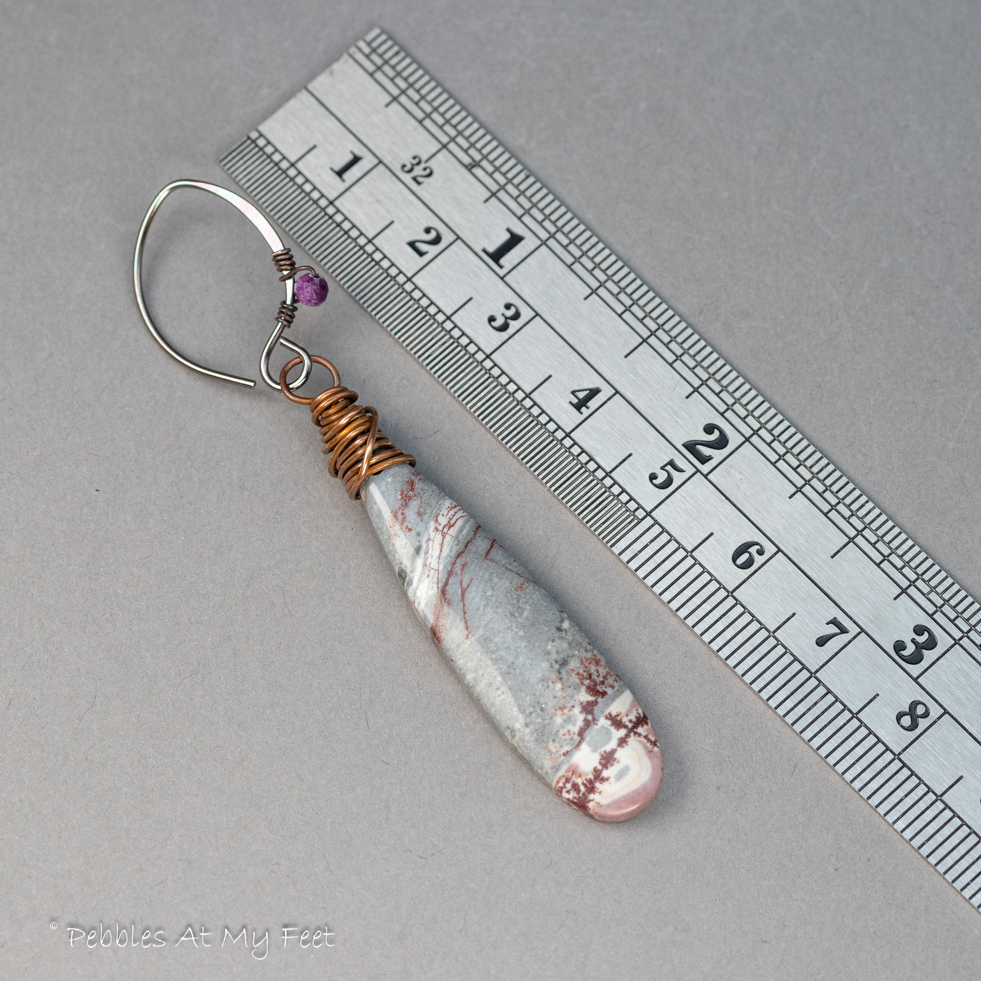 Gray Stone Teardrop Earrings Handmade in Copper