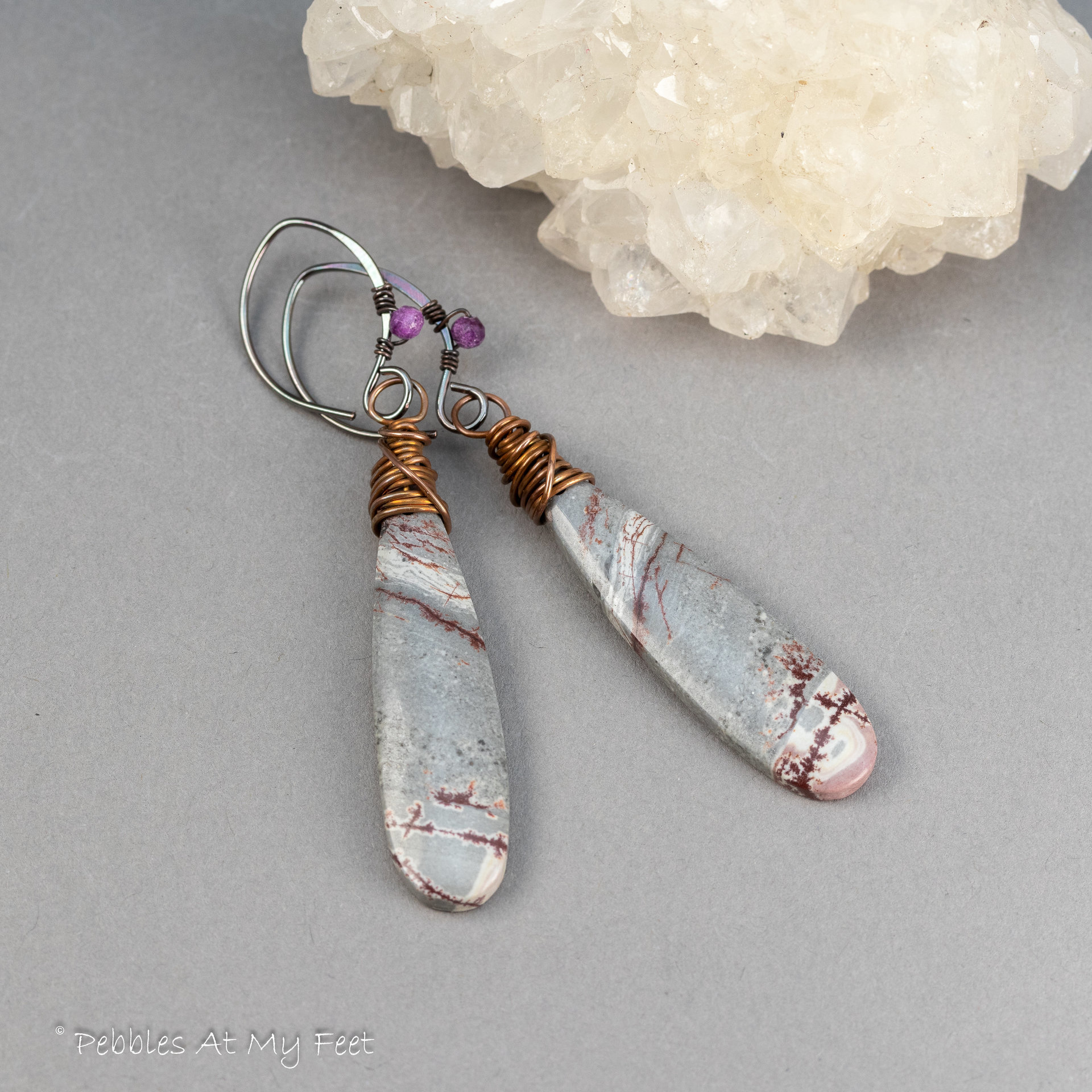 Gray Stone Teardrop Earrings Handmade in Copper