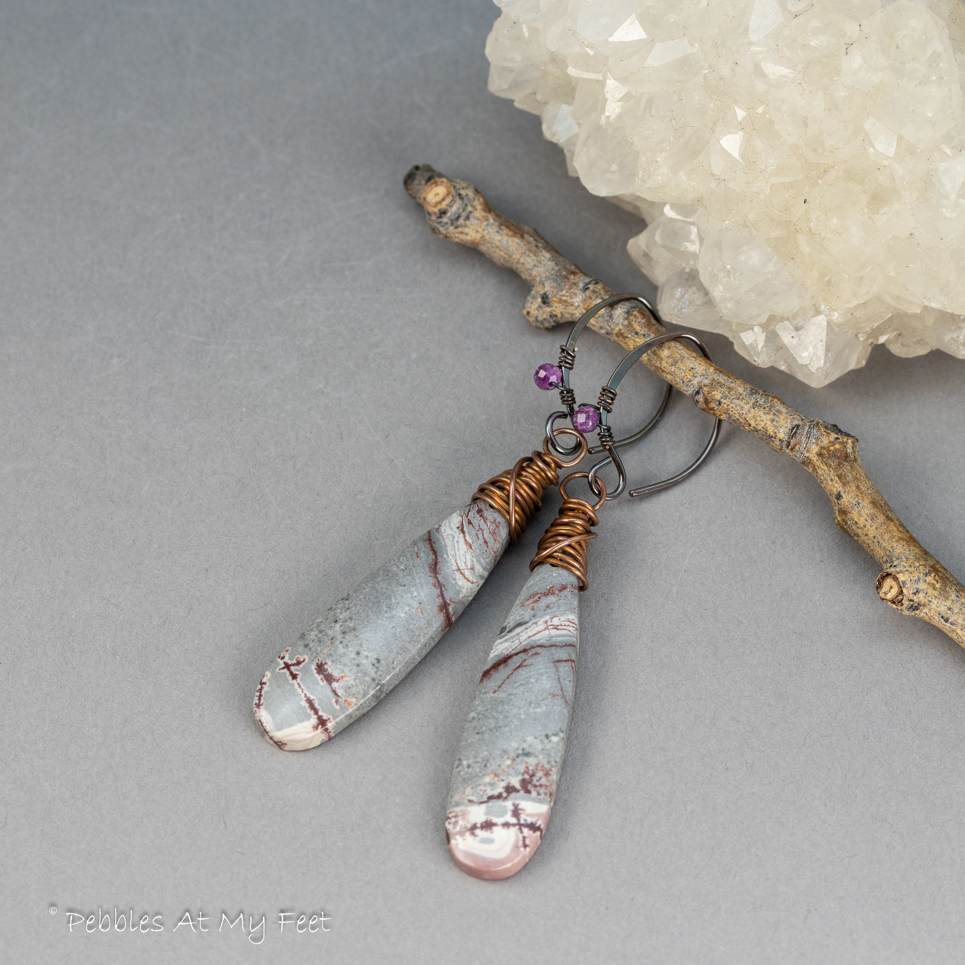 Gray Stone Teardrop Earrings Handmade in Copper