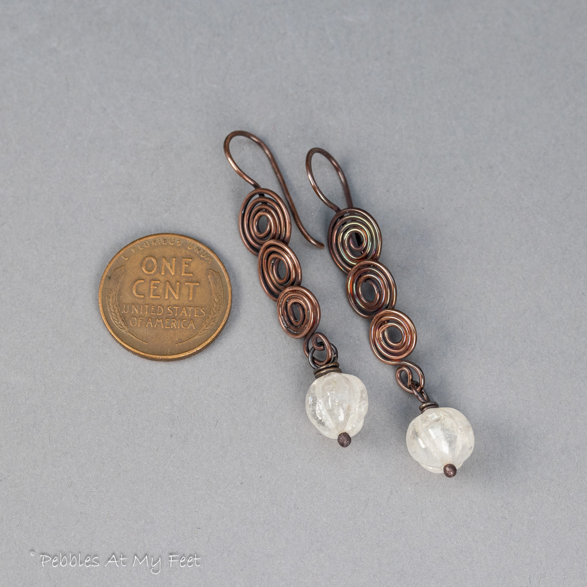 Spiral Earrings in Copper with White Quartz Stones