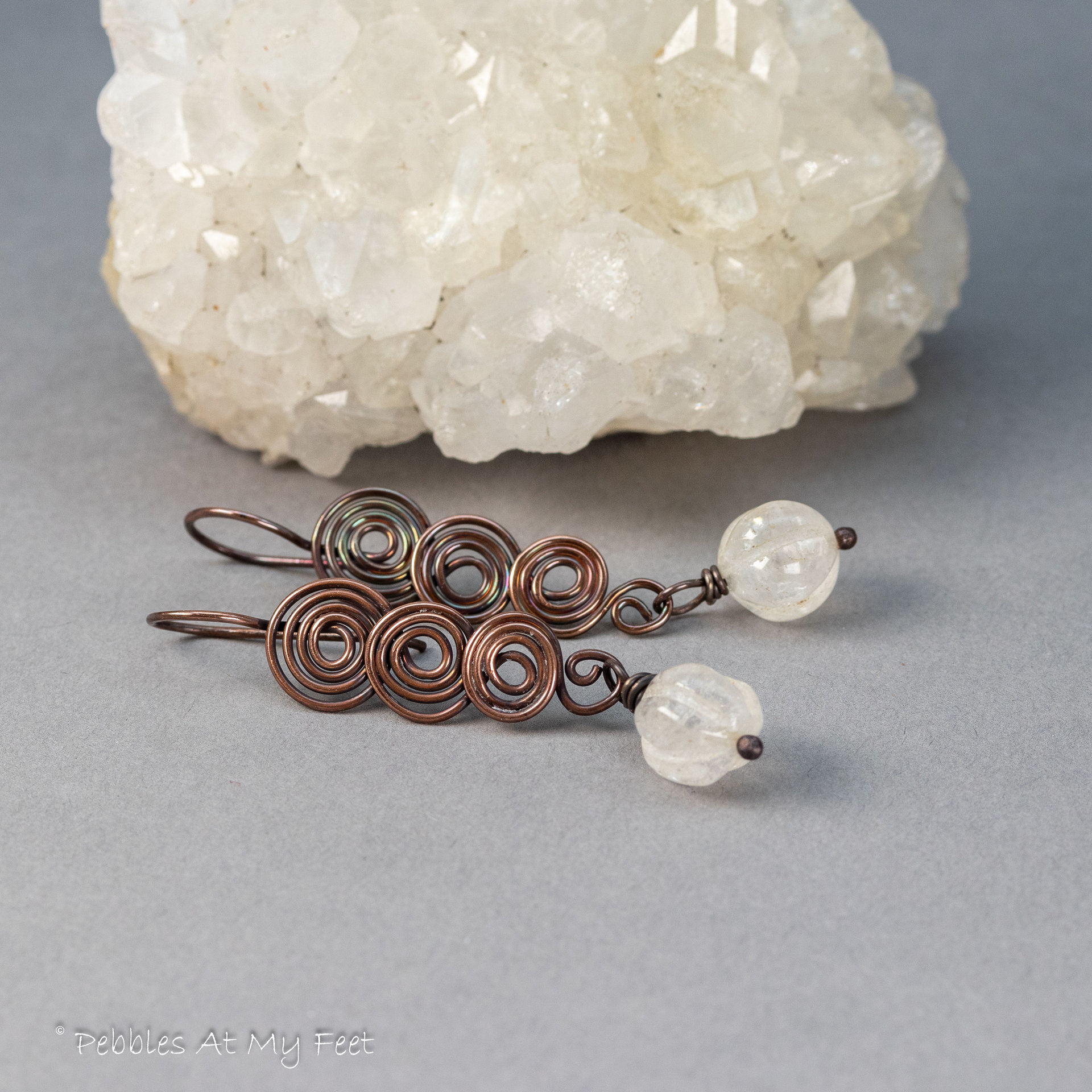 Spiral Earrings in Copper with White Quartz Stones