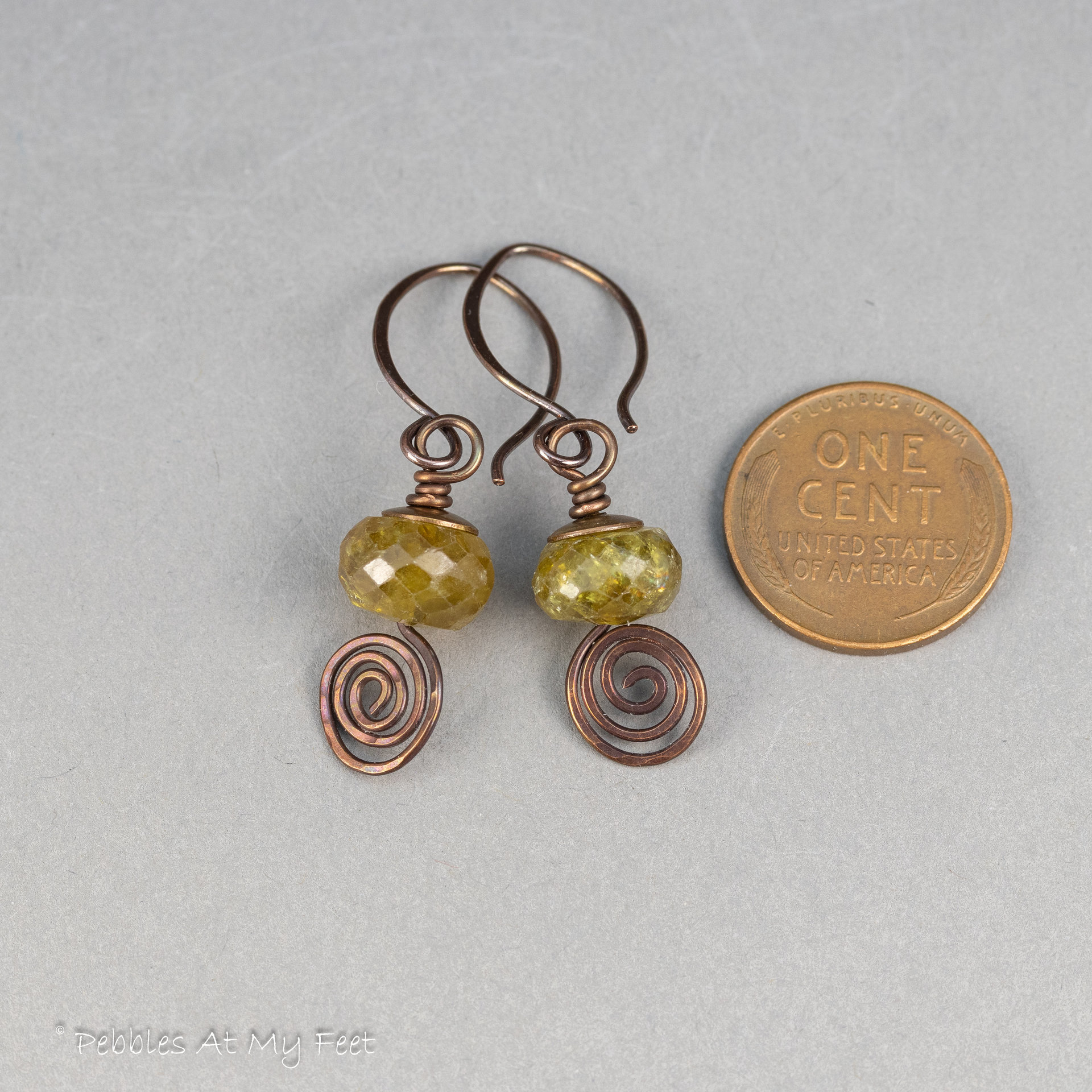 Green Garnet Spiral Drop Earrings Handmade in Copper