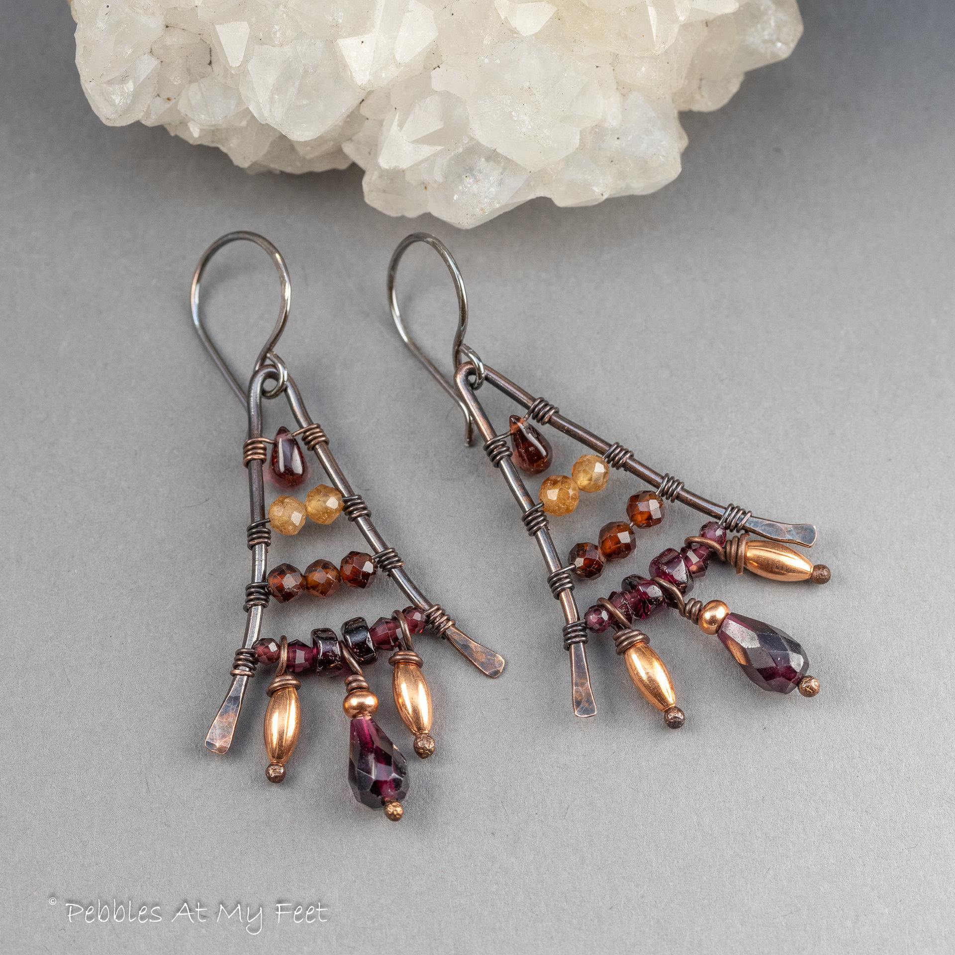 Red and Orange Garnet Boho Fan Earrings