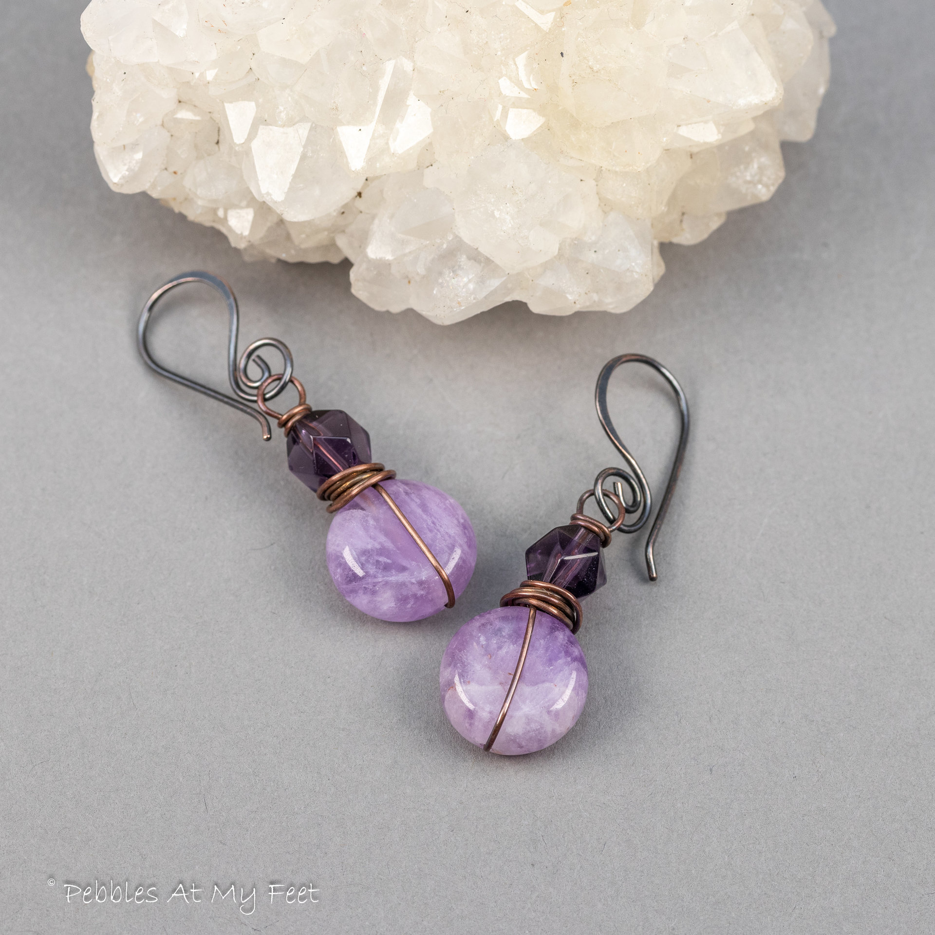 Copper Wire Wrapped Two-Tone Amethyst Earrings 