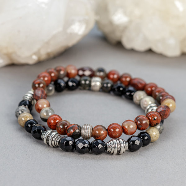 Black and Red Natural Stone and African Glass Bead Bracelet Stack