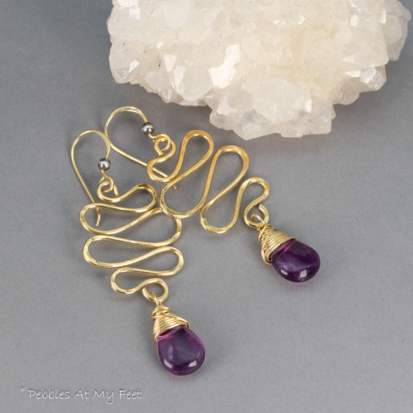 Golden Brass Wire Squiggle Earrings, Organic Dangle Earrings with Purple Fluorite Gemstone