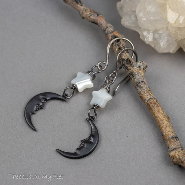 Black and White Moon and Star Dangle Earrings