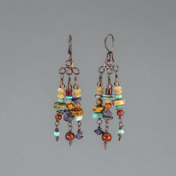 Multi Stone Chandelier Earrings, Earthy Stone Beaded Tribal Earrings with Turquoise and Jasper Stones