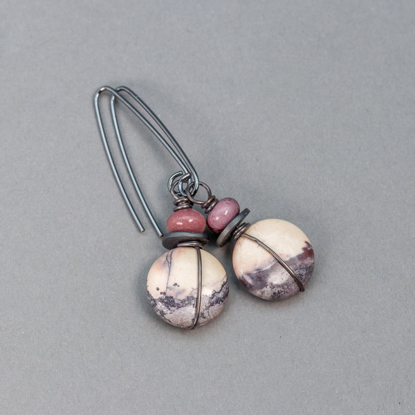 White Gray and Mauve Jasper Earrings, Porcelain Jasper Winter Scene Earrings